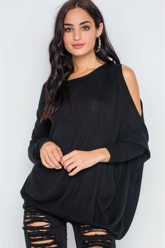 Black Asymmetrical Hem Seamed Sweater /3-2-1 - Tasha Apparel Wholesale