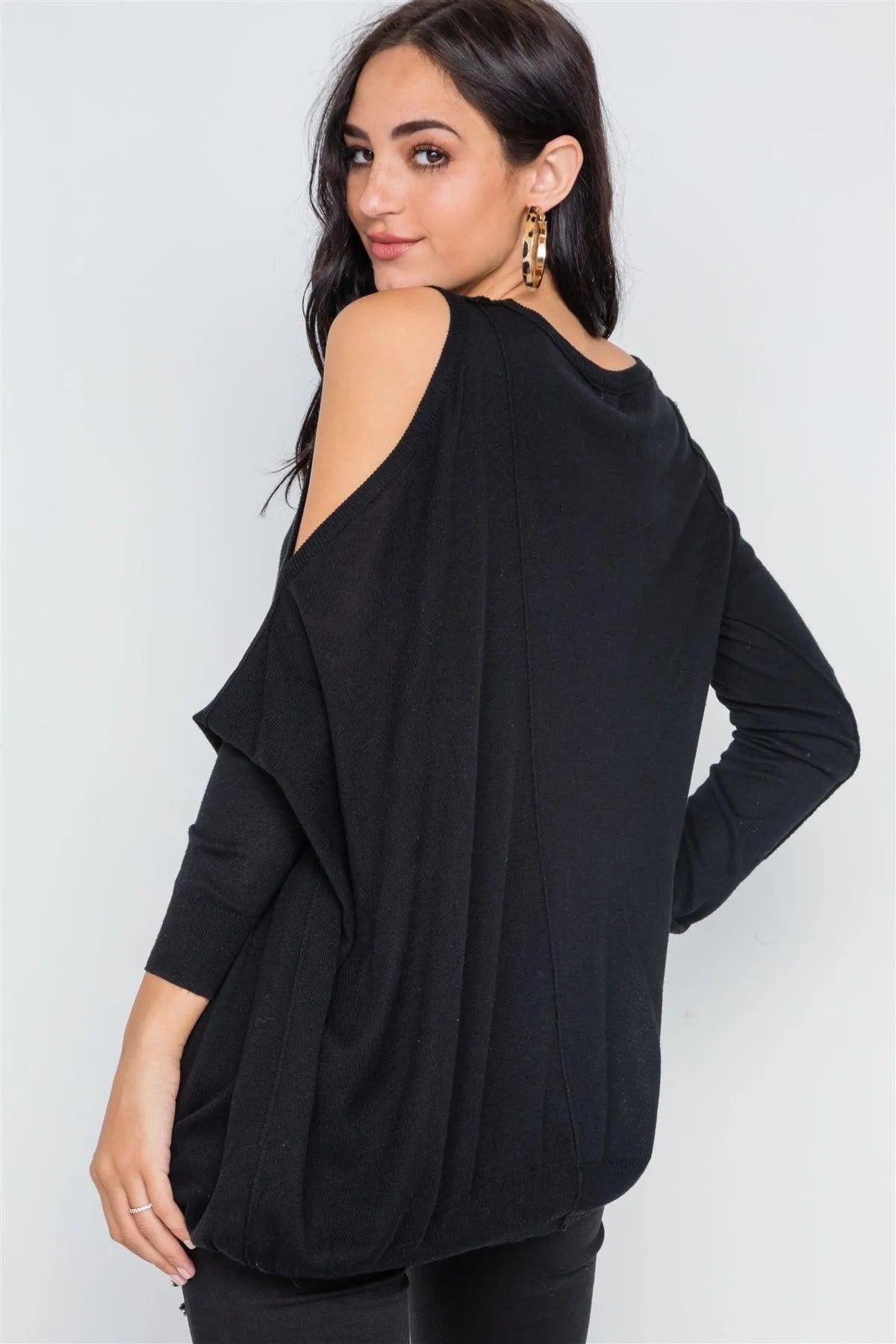 Black Asymmetrical Hem Seamed Sweater /3-2-1 - Tasha Apparel Wholesale
