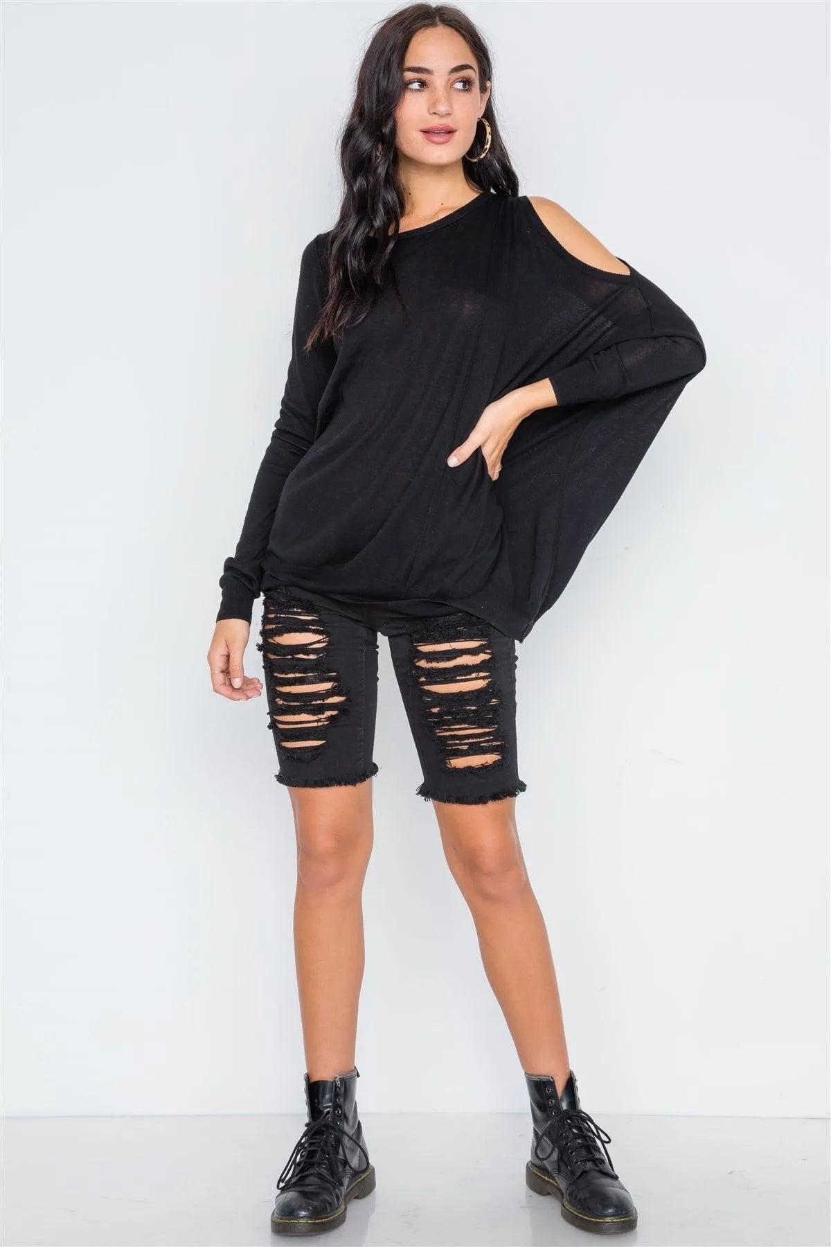 Black Asymmetrical Hem Seamed Sweater /3-2-1 - Tasha Apparel Wholesale