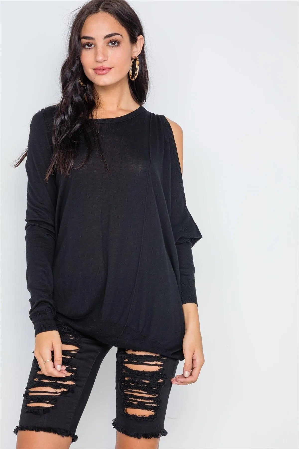 Black Asymmetrical Hem Seamed Sweater - Tasha Apparel Wholesale