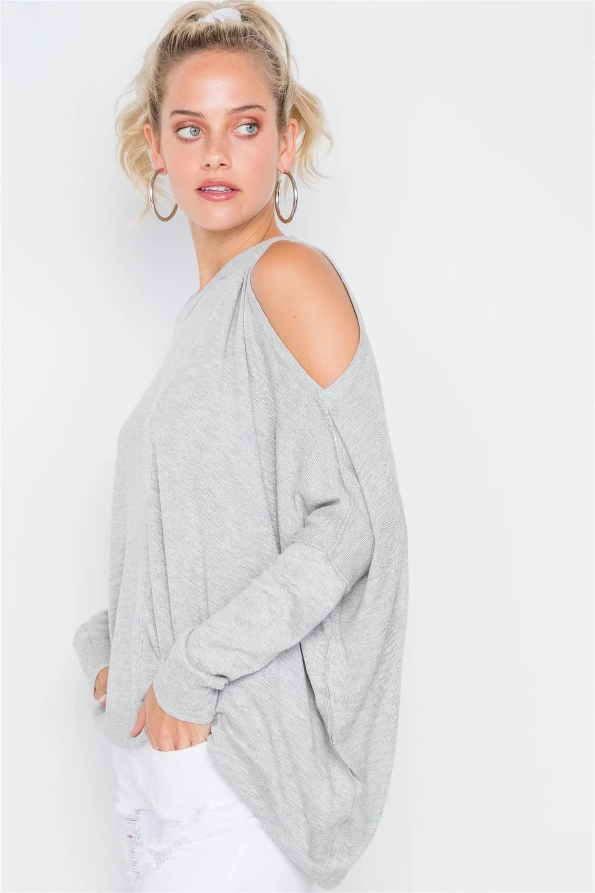 Heather Grey Asymmetrical Hem Seamed Sweater /3-2-1 - Tasha Apparel Wholesale