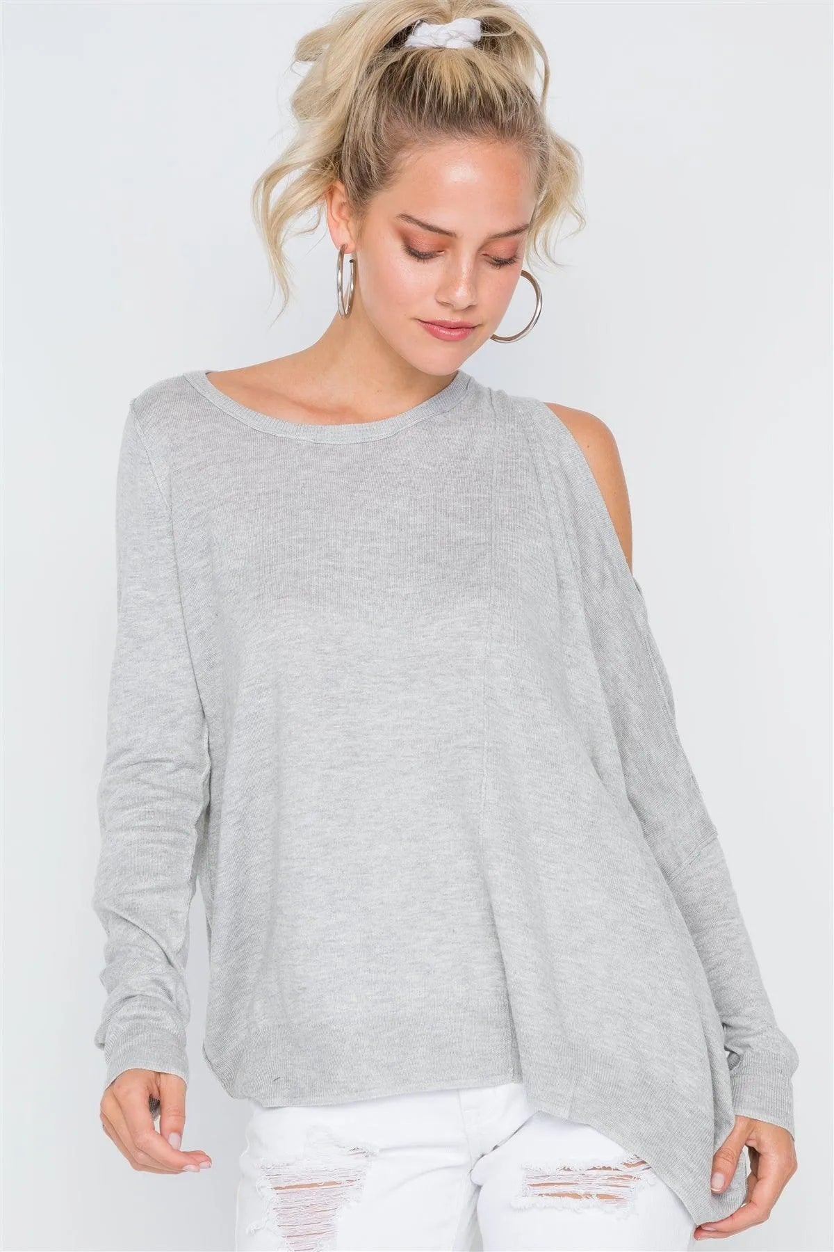 Heather Grey Asymmetrical Hem Seamed Sweater /3-2-1 - Tasha Apparel Wholesale