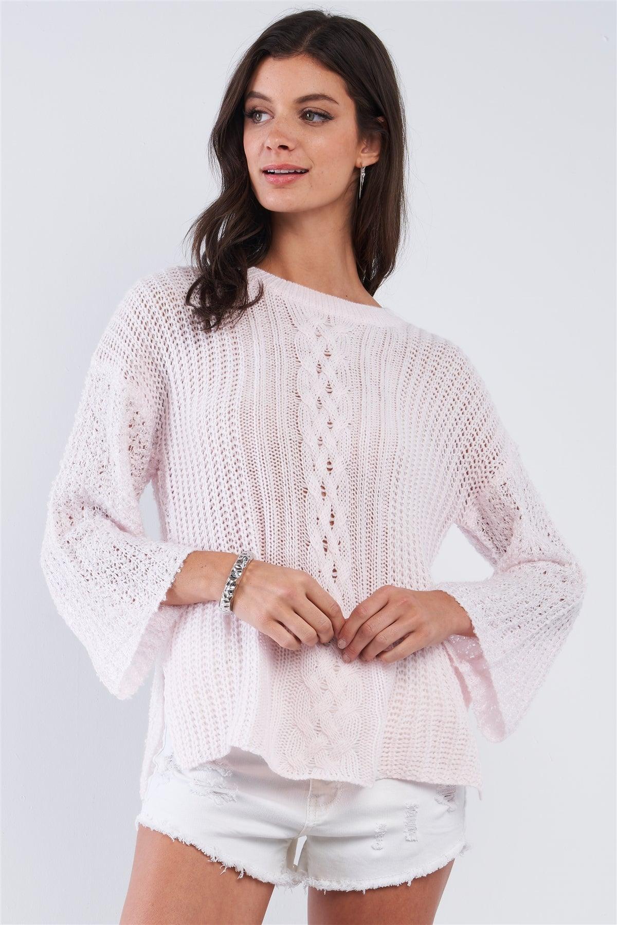 Baby Pink Cable Knit Relaxed Fit Ribbed Round Neckline Long Sleeve Side Slit Detail Sweater /2-3