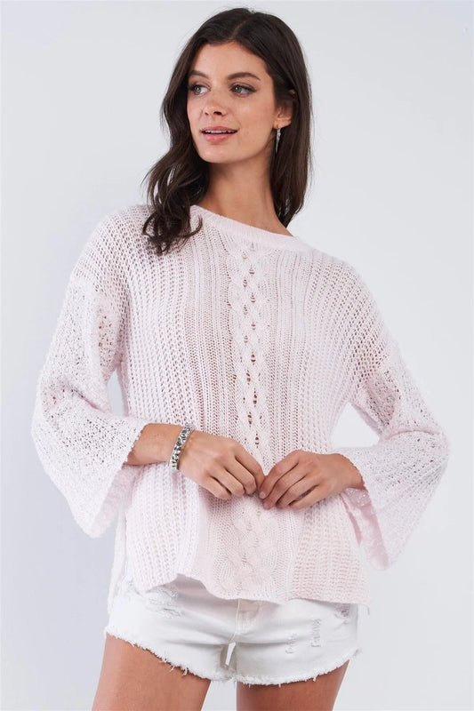 Baby Pink Cable Knit Relaxed Fit Ribbed Round Neckline Long Sleeve Side Slit Detail Sweater /4-2 - Tasha Apparel Wholesale
