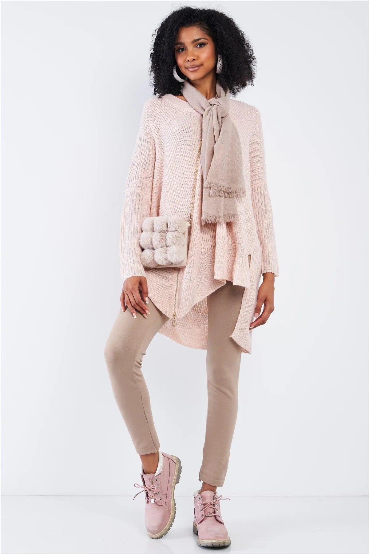 Baby Soft Pink V-Neck Asymmetrical Oversized Long Sleeve Gold Zipper /4-2 - Tasha Apparel Wholesale