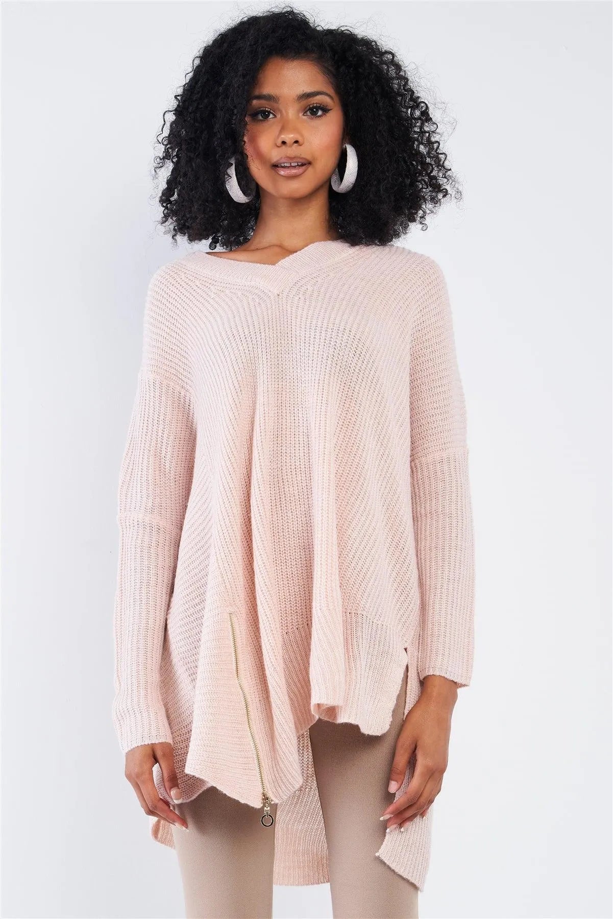 Baby Soft Pink V-Neck Asymmetrical Oversized Long Sleeve Gold Zipper /4-2 - Tasha Apparel Wholesale