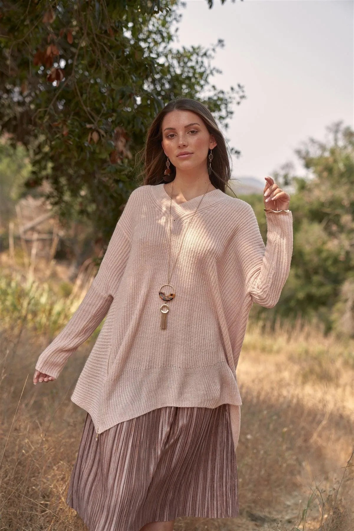 Baby Soft Pink V-Neck Asymmetrical Oversized Long Sleeve Gold Zipper /4-2 - Tasha Apparel Wholesale