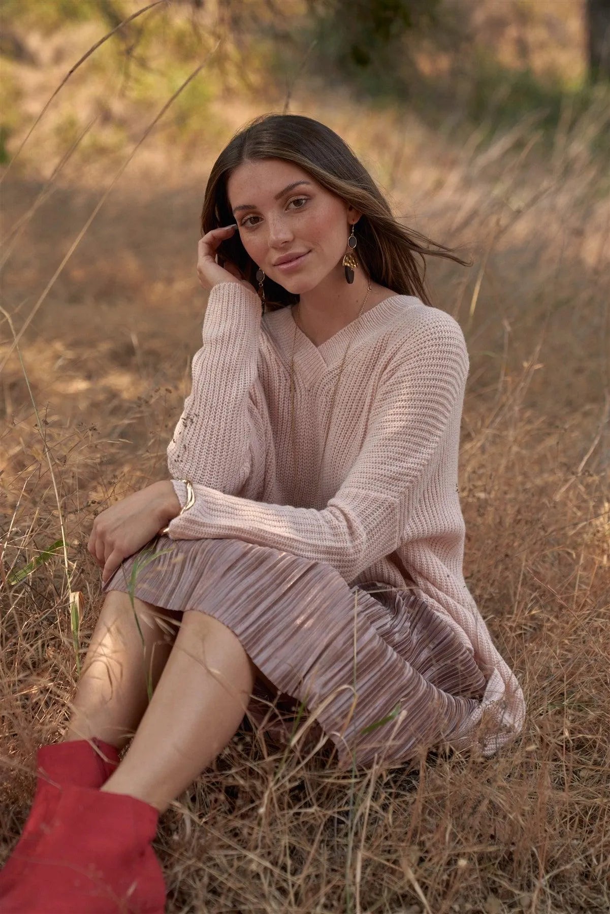 Baby Soft Pink V-Neck Asymmetrical Oversized Long Sleeve Gold Zipper /4-2 - Tasha Apparel Wholesale