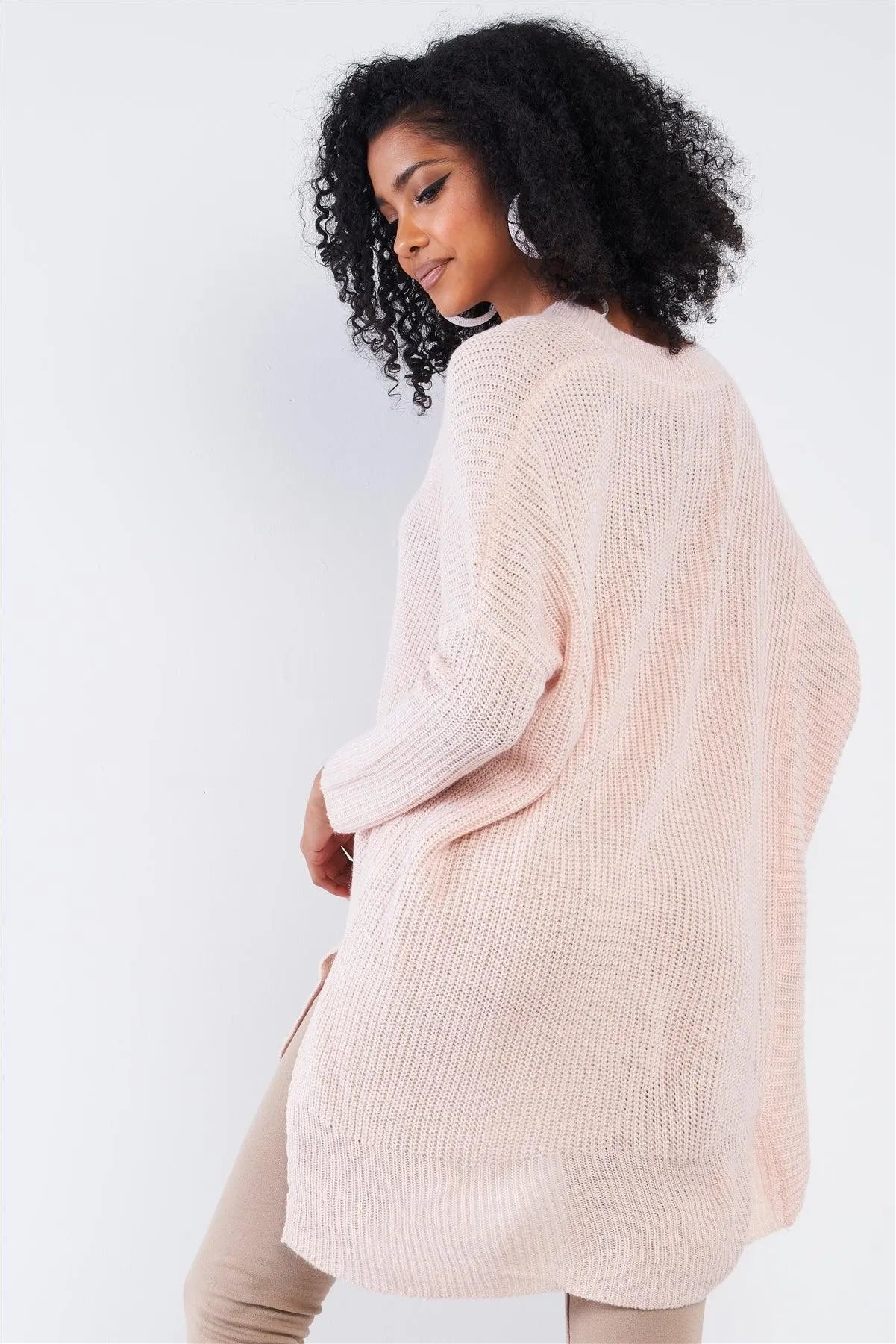 Baby Soft Pink V-Neck Asymmetrical Oversized Long Sleeve Gold Zipper /4-2 - Tasha Apparel Wholesale