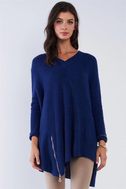 Blue V-Neck Oversized Long Sleeve Gold Zipper - Tasha Apparel Wholesale