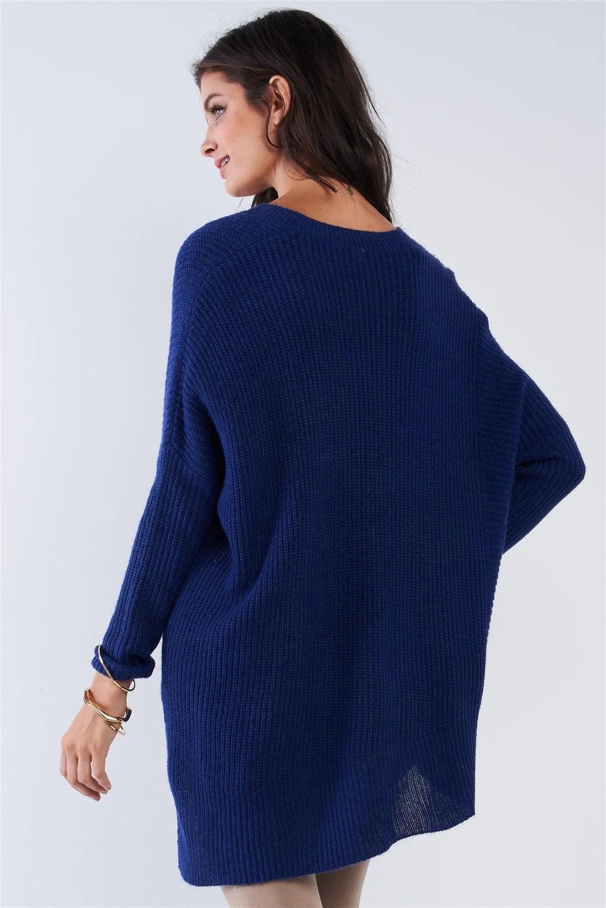 Blue V-Neck Oversized Long Sleeve Gold Zipper - Tasha Apparel Wholesale