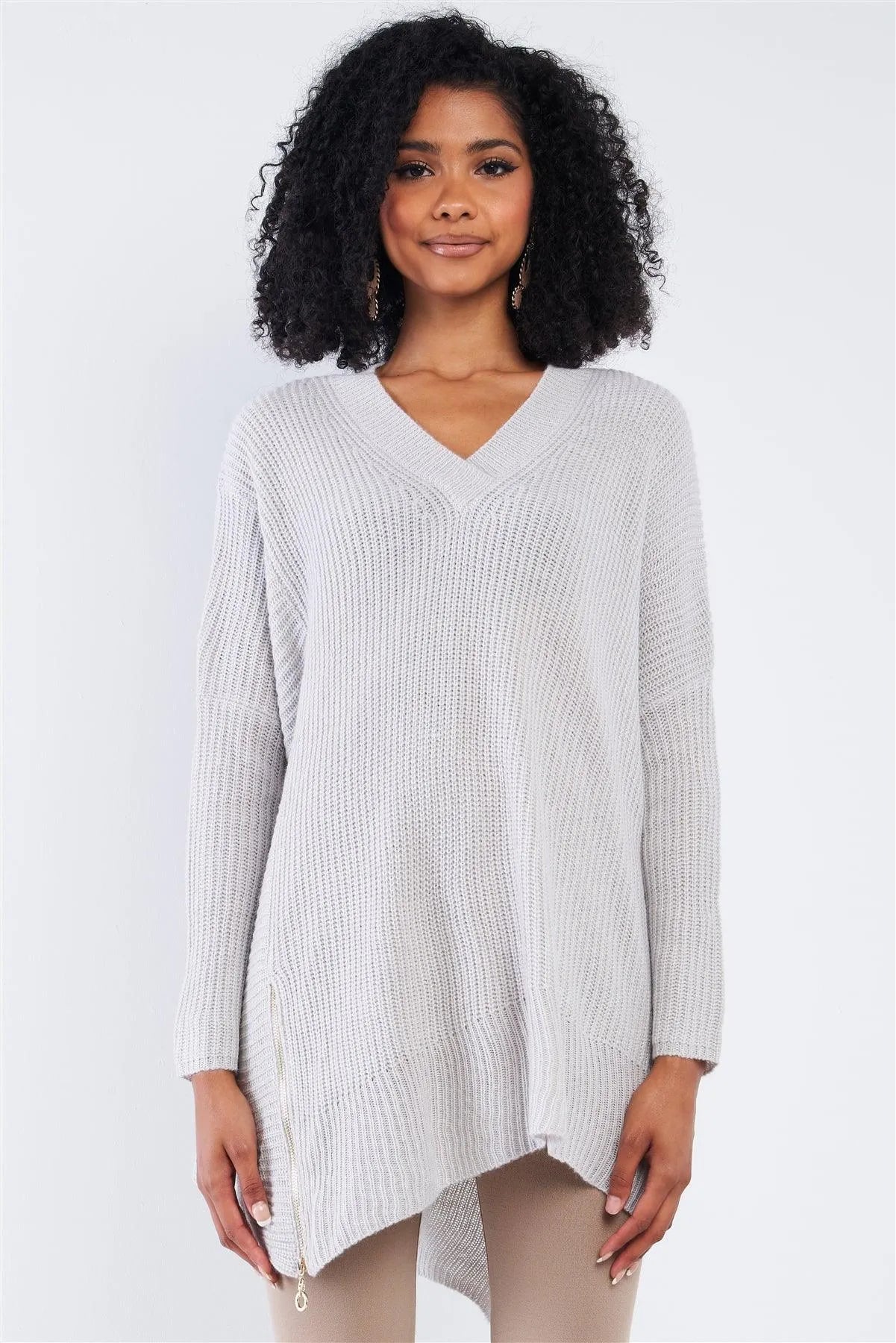 Soft Grey V-Neck Asymmetrical Oversized Long Sleeve Gold Zipper Sweater/4-2 - Tasha Apparel Wholesale