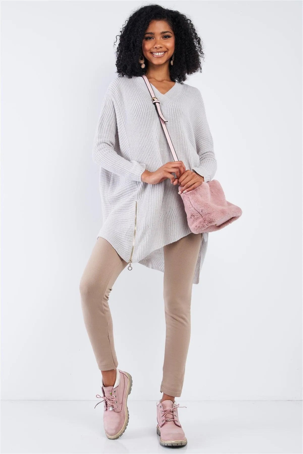 Soft Grey V-Neck Asymmetrical Oversized Long Sleeve Gold Zipper Sweater/4-2 - Tasha Apparel Wholesale