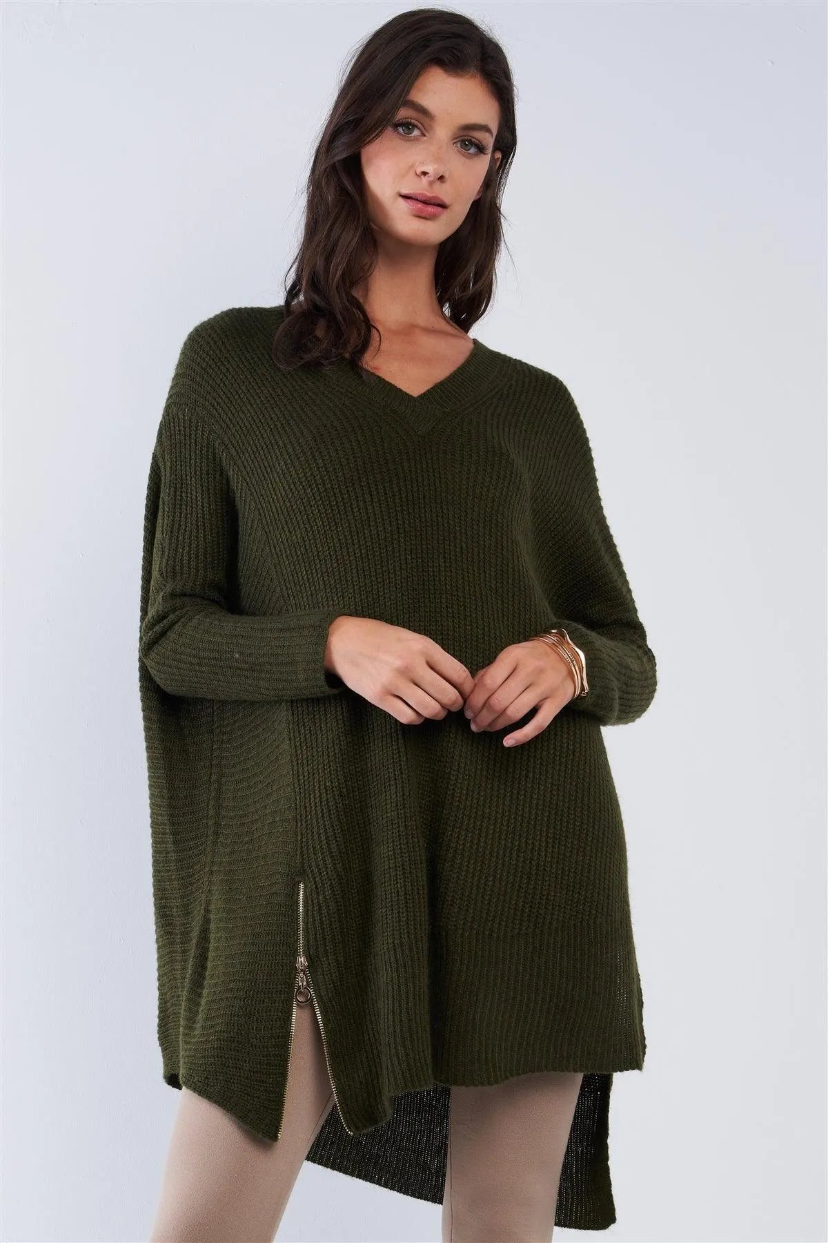 Green V-Neck Oversized Long Sleeve Gold Zipper Knit Top - Tasha Apparel Wholesale
