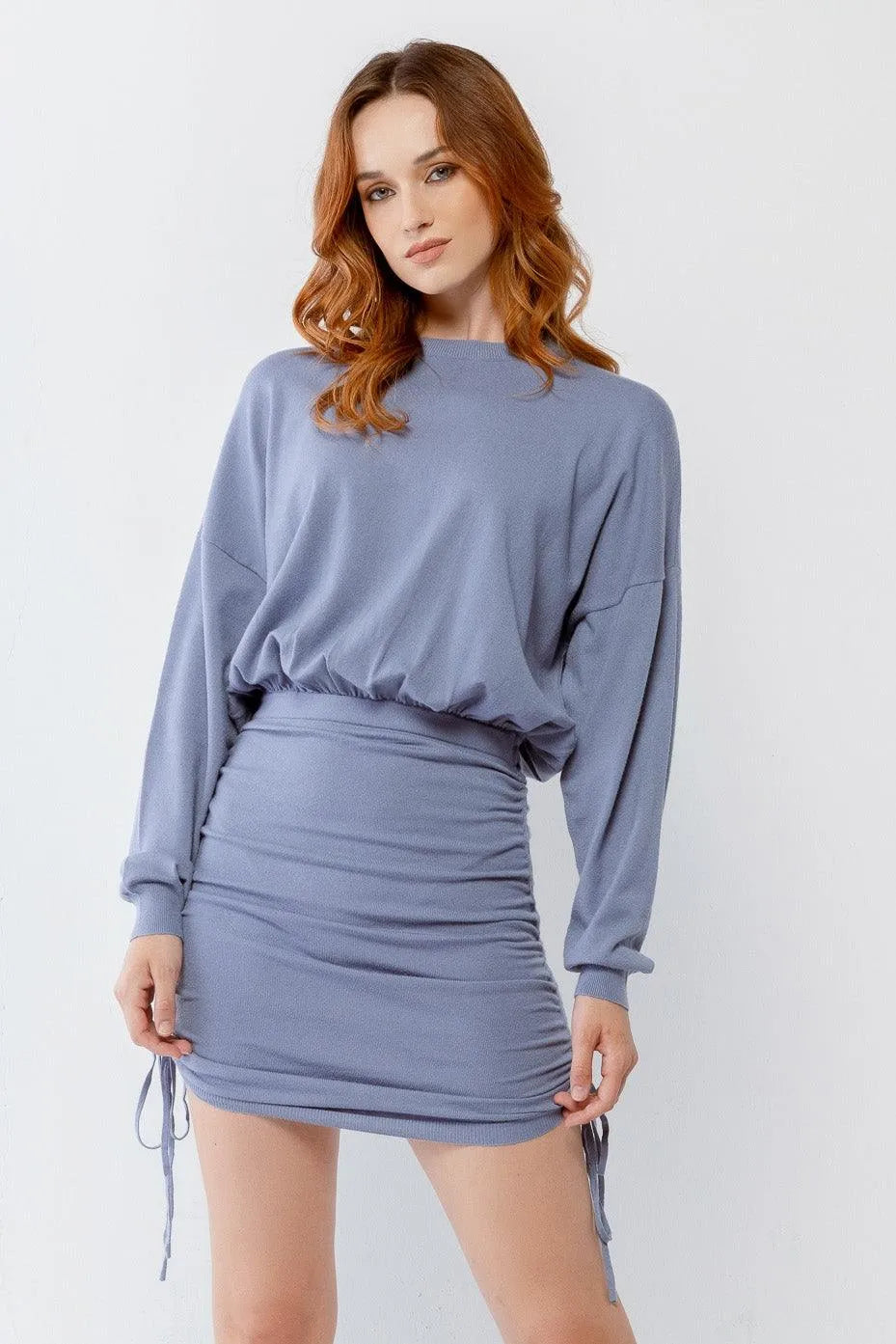 Dusty Blue Ruched Crew Neck Long Sleeve Mini Dress /3-2-1 - Tasha Apparel Wholesale