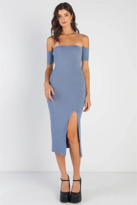 Dusty Blue Knit Off-The-Shoulder Side Slit Midi Dress /3-2-1 - Tasha Apparel Wholesale