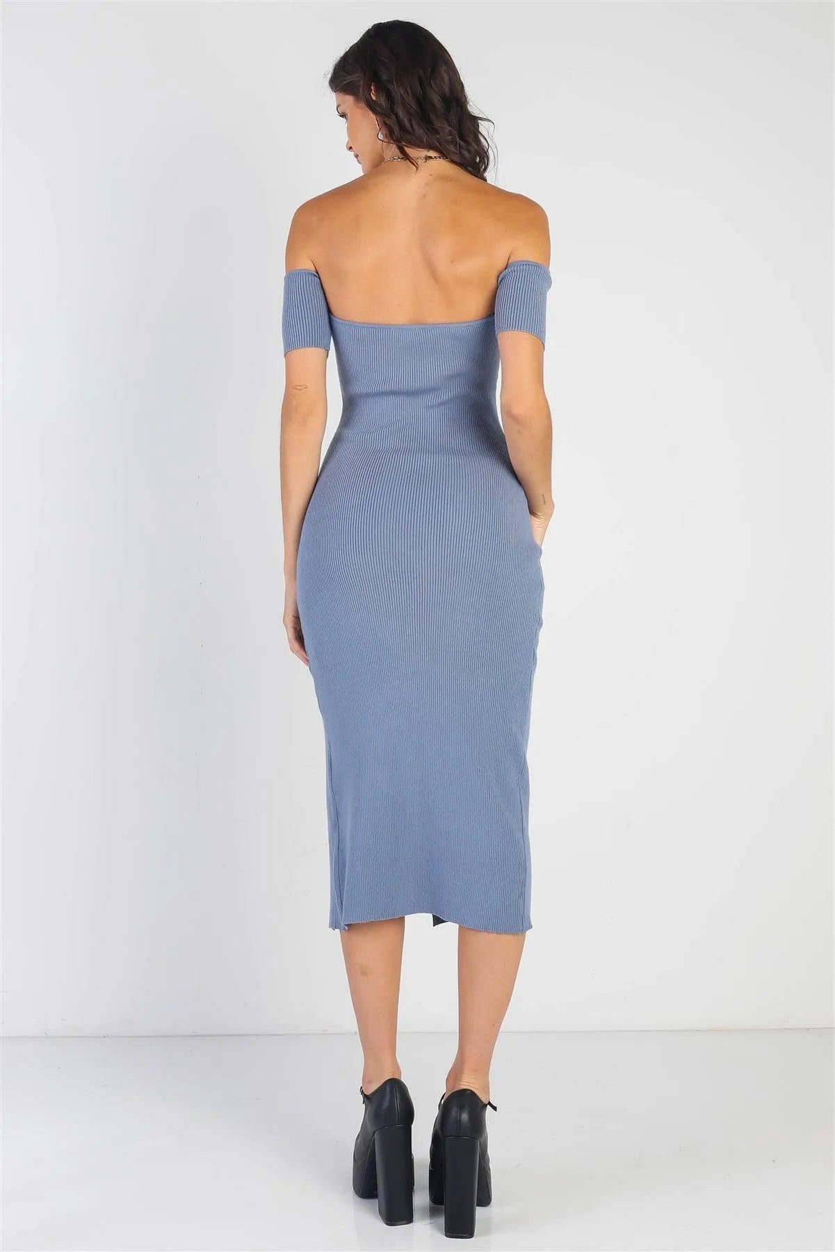 Dusty Blue Knit Off-The-Shoulder Side Slit Midi Dress /3-2-1 - Tasha Apparel Wholesale