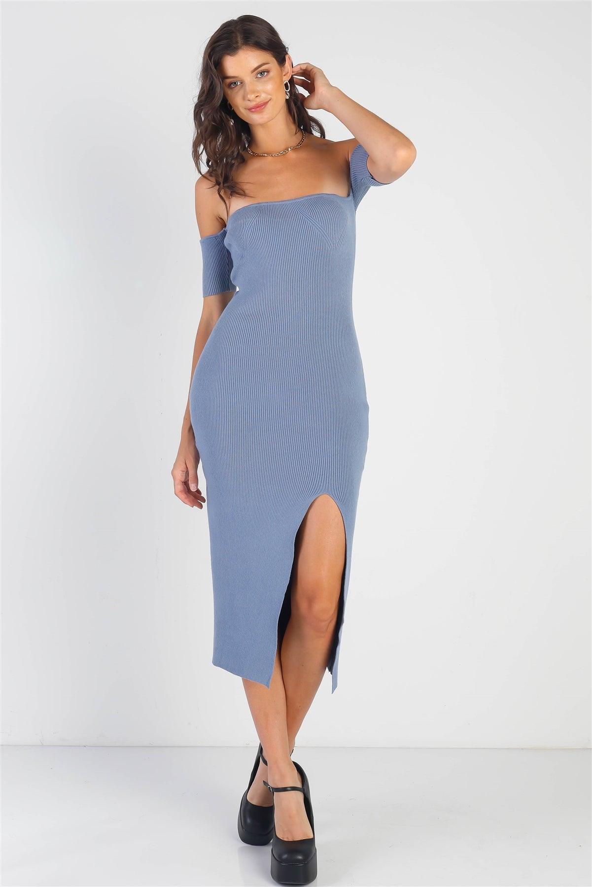 Dusty Blue Knit Off-The-Shoulder Side Slit Midi Dress /3-2-1
