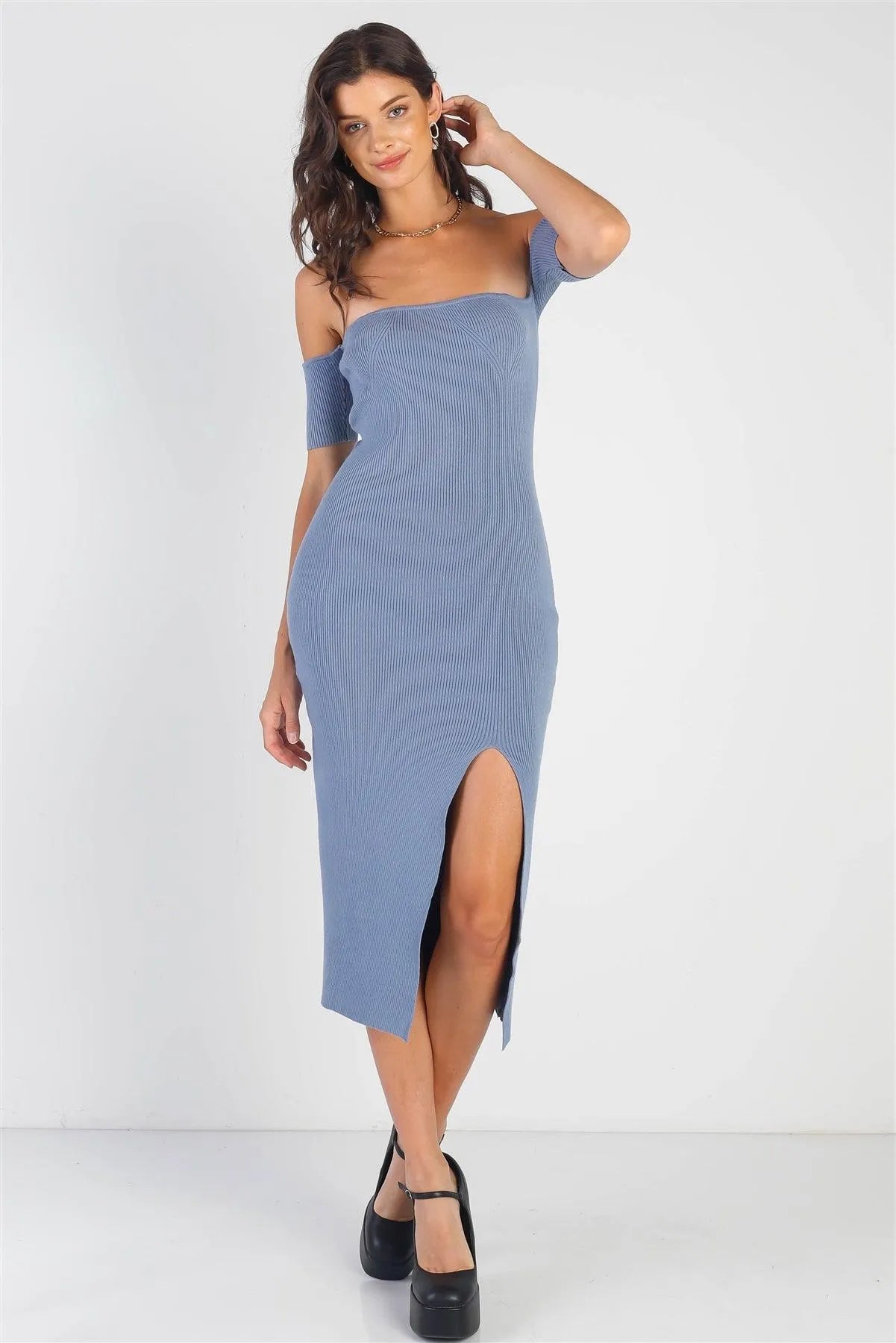 Dusty Blue Knit Off-The-Shoulder Side Slit Midi Dress /3-2-1 - Tasha Apparel Wholesale
