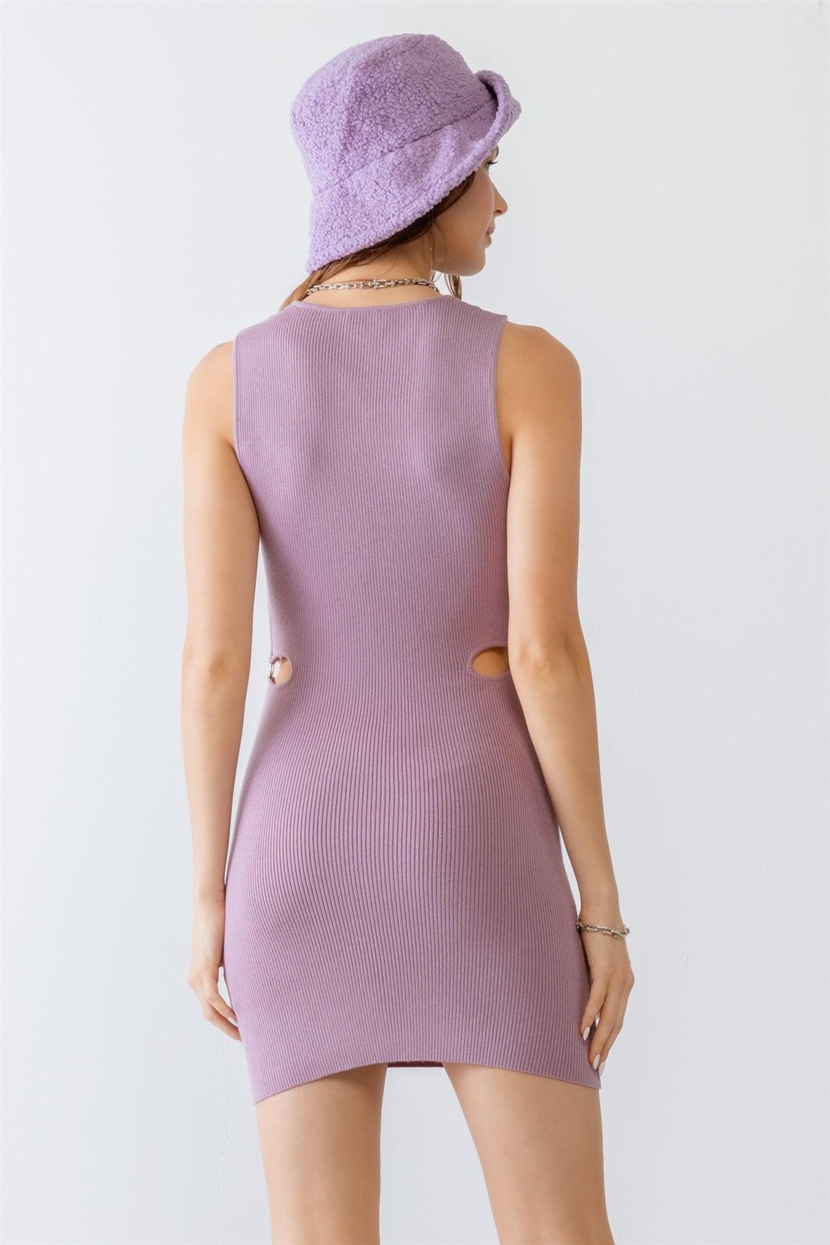 Light Purple Ribbed Knit Cut-Out O-Ring Detail Mini Dress /1-2-2-1