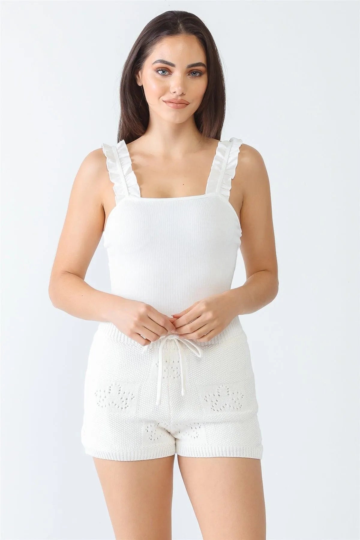 White Knit Cotton Material Flower Embroidery High Waist Shorts /3-2-1 - Tasha Apparel Wholesale