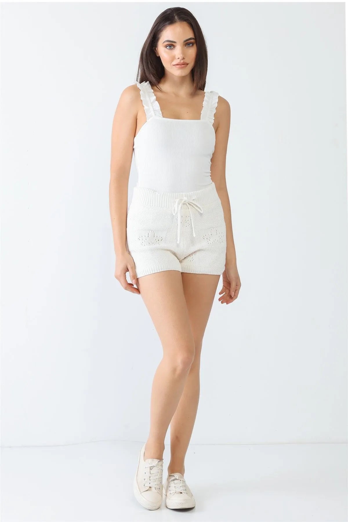 White Knit Cotton Material Flower Embroidery High Waist Shorts /3-2-1 - Tasha Apparel Wholesale