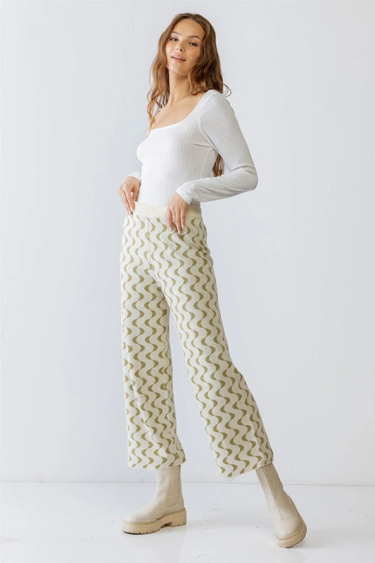 Cream & Green Wavy Line Print Knit High Waist Wide Leg Pants S-M-L/1-2-1 - Tasha Apparel Wholesale
