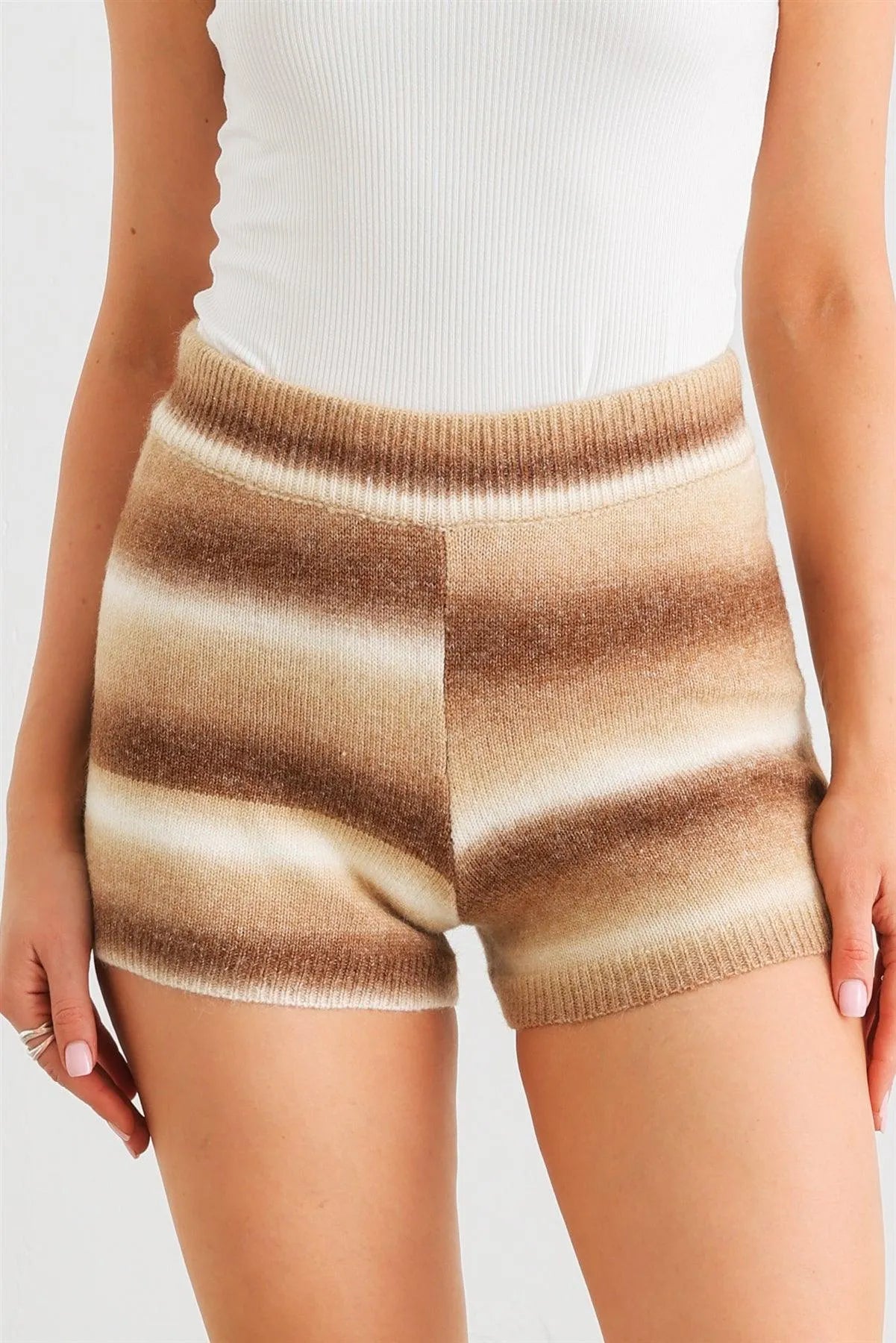 Taupe & Brown Stripe Knit High Waist Shorts - Tasha Apparel Wholesale