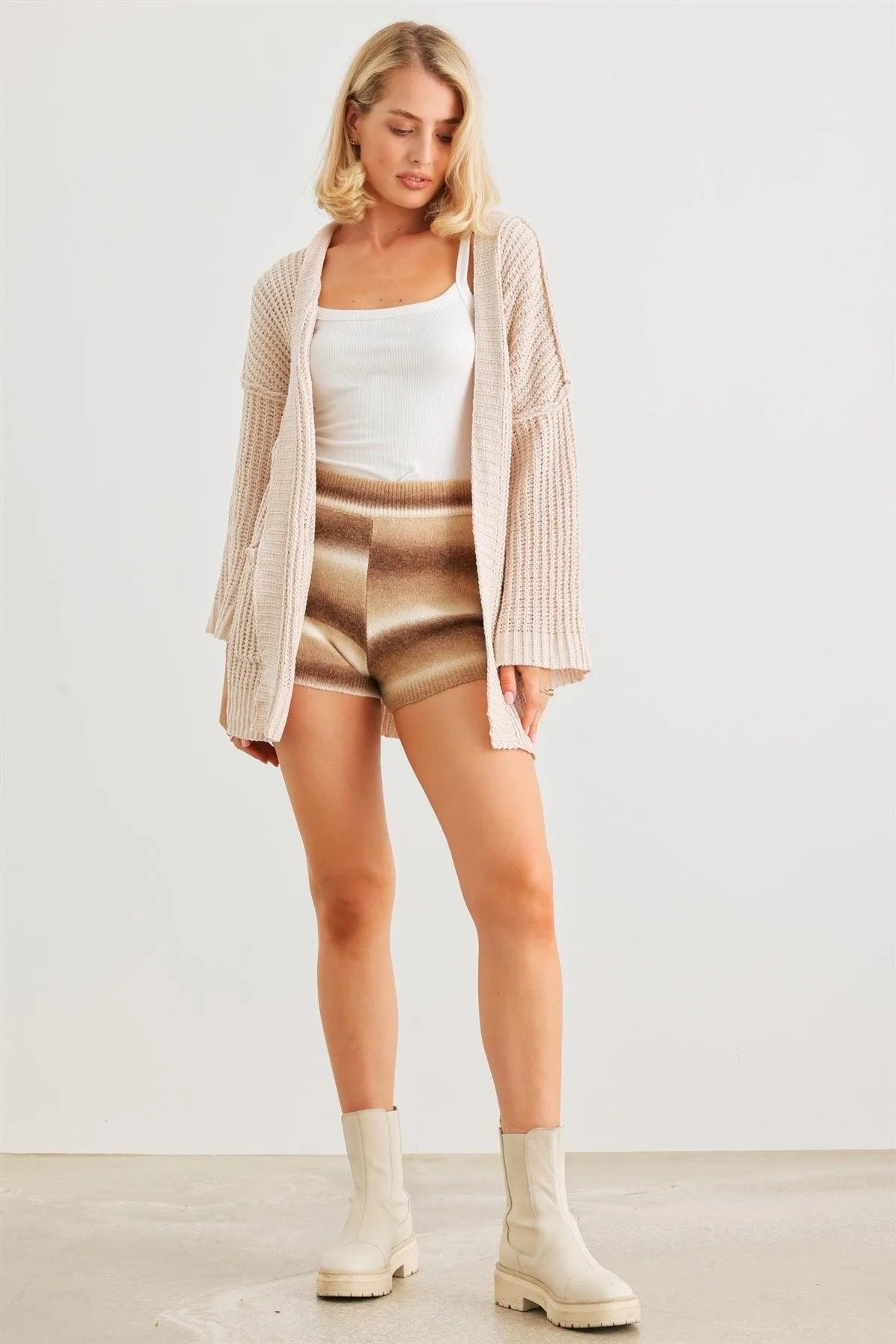 Taupe & Brown Stripe Knit High Waist Shorts - Tasha Apparel Wholesale