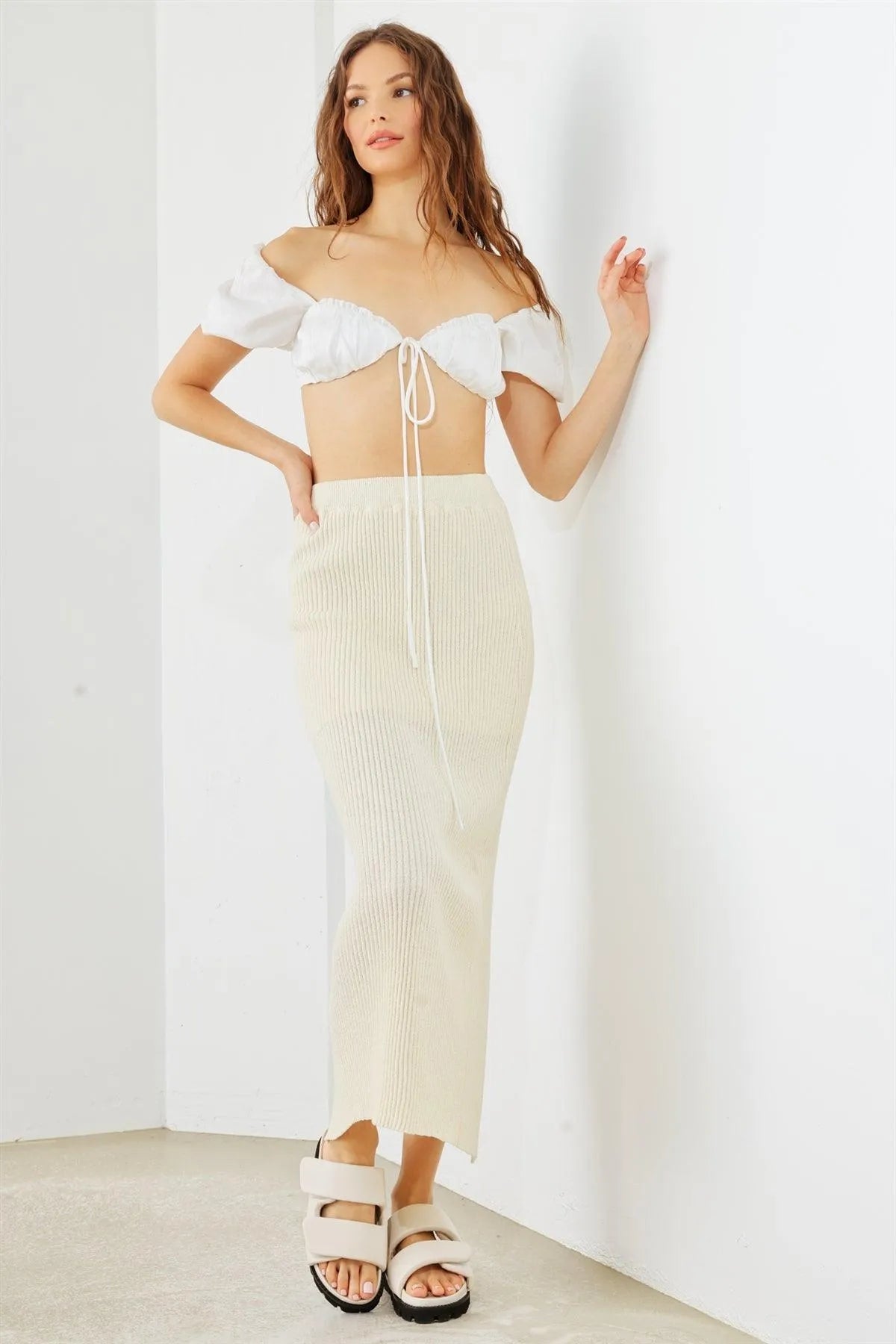 Cream Ribbed Knit High Waist Back Slit Midi Skirt /1-2-2-1 - Tasha Apparel Wholesale