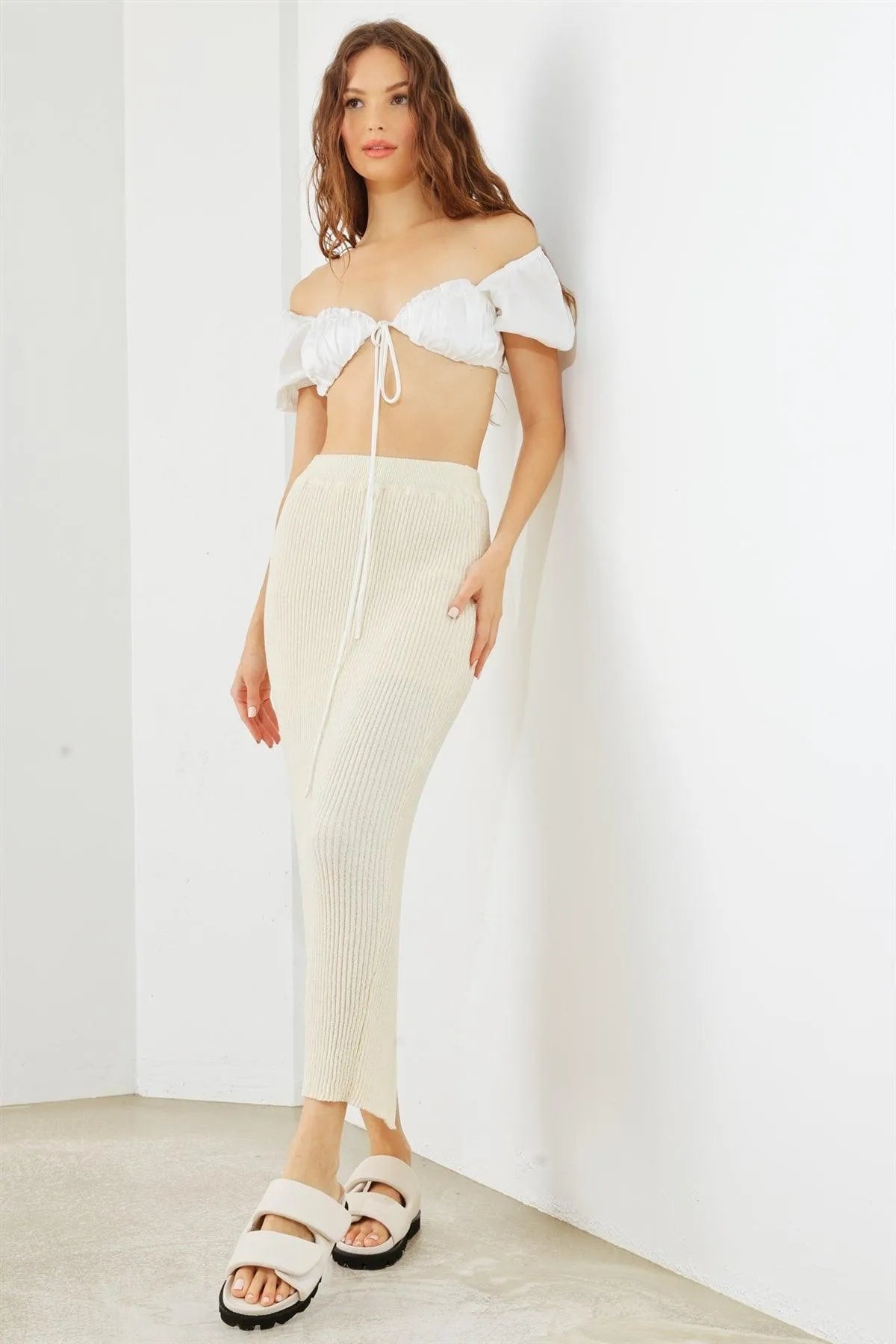 Cream Ribbed Knit High Waist Back Slit Midi Skirt /1-2-2-1 - Tasha Apparel Wholesale