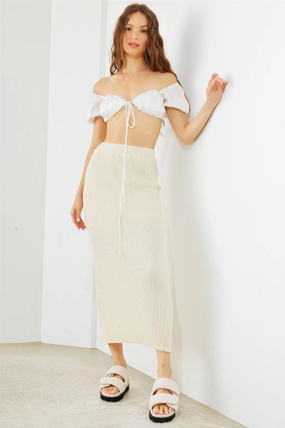 Cream Ribbed Knit High Waist Back Slit Midi Skirt /1-2-2-1 - Tasha Apparel Wholesale