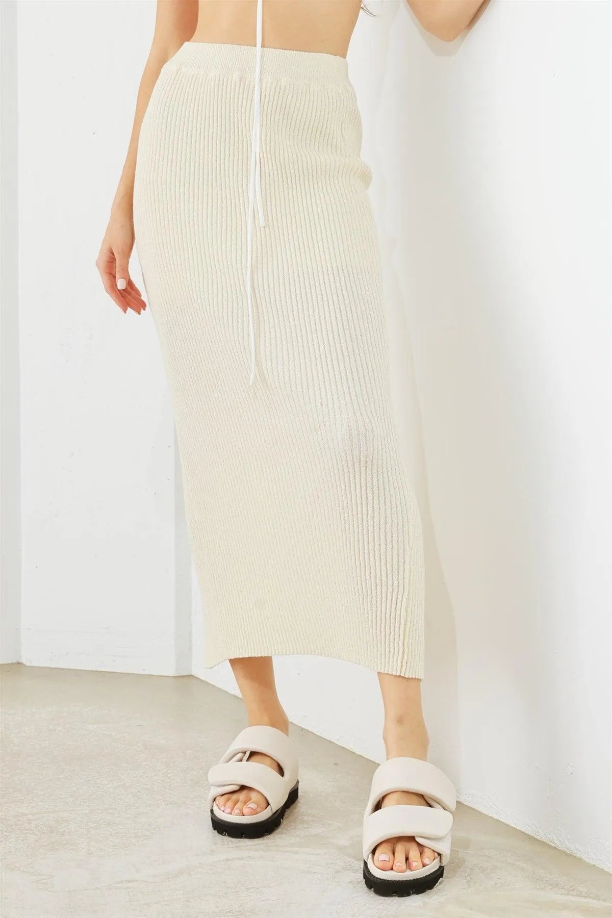 Cream Ribbed Knit High Waist Back Slit Midi Skirt /1-2-2-1 - Tasha Apparel Wholesale