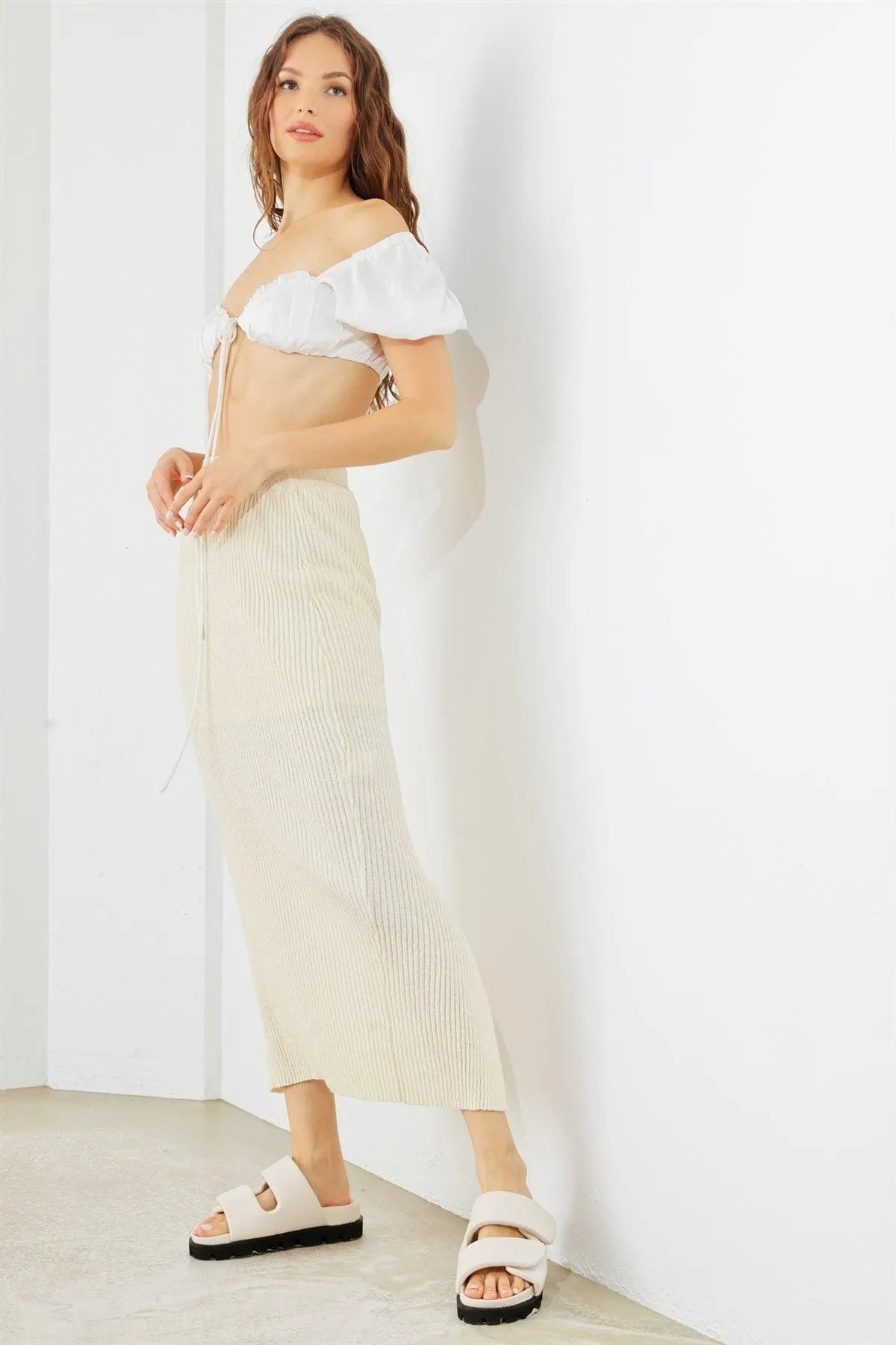 Cream Ribbed Knit High Waist Back Slit Midi Skirt /1-2-2-1 - Tasha Apparel Wholesale