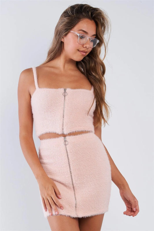 Fuzzy Cotton Candy Pink Zipper Cami Strap Crop Top Mini Skirt Set /3-2-1 - Tasha Apparel Wholesale