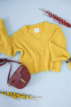 Pea Green V-Neck Cable Knit Destroyed Hem Detail Crop Sweater /2-2-1 - Tasha Apparel Wholesale