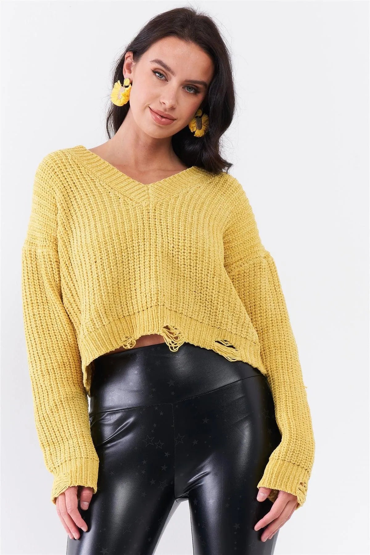 Pea Green V-Neck Cable Knit Destroyed Hem Detail Crop Sweater /2-2-1 - Tasha Apparel Wholesale
