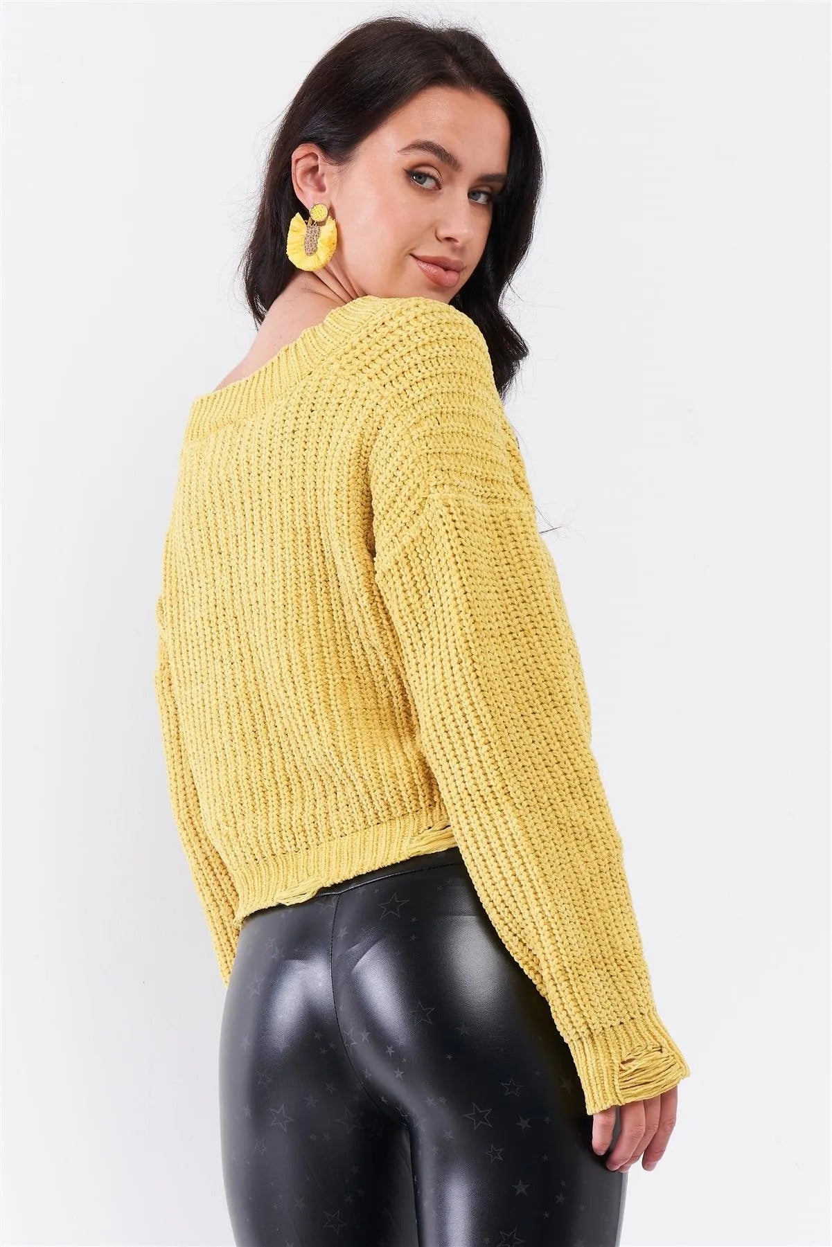 Pea Green V-Neck Cable Knit Destroyed Hem Detail Crop Sweater /3-2-1 - Tasha Apparel Wholesale