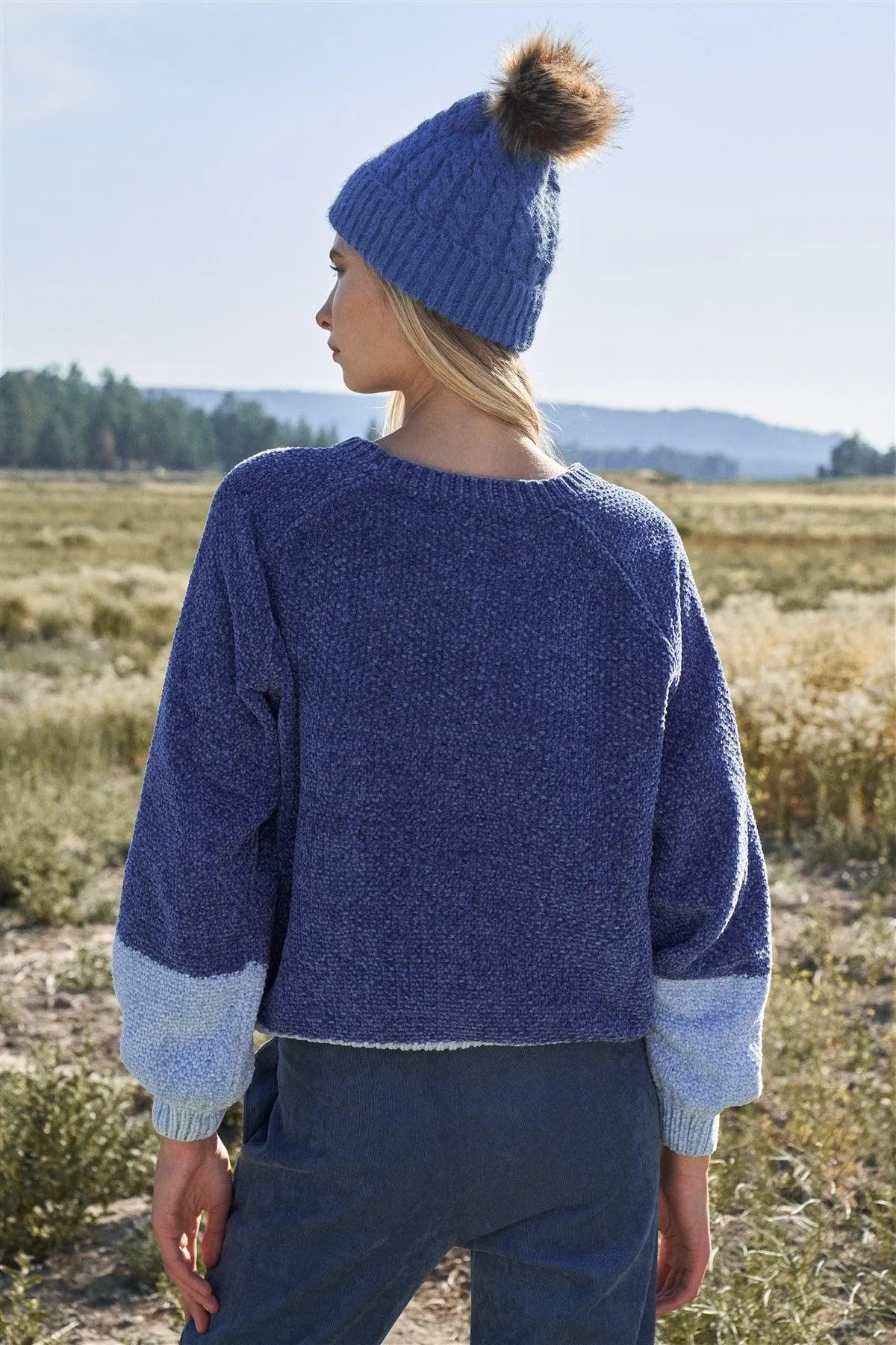 Blue Color Bock Long Balloon Sleeve Relaxed Chenille Sweater /2-2-2 - Tasha Apparel Wholesale