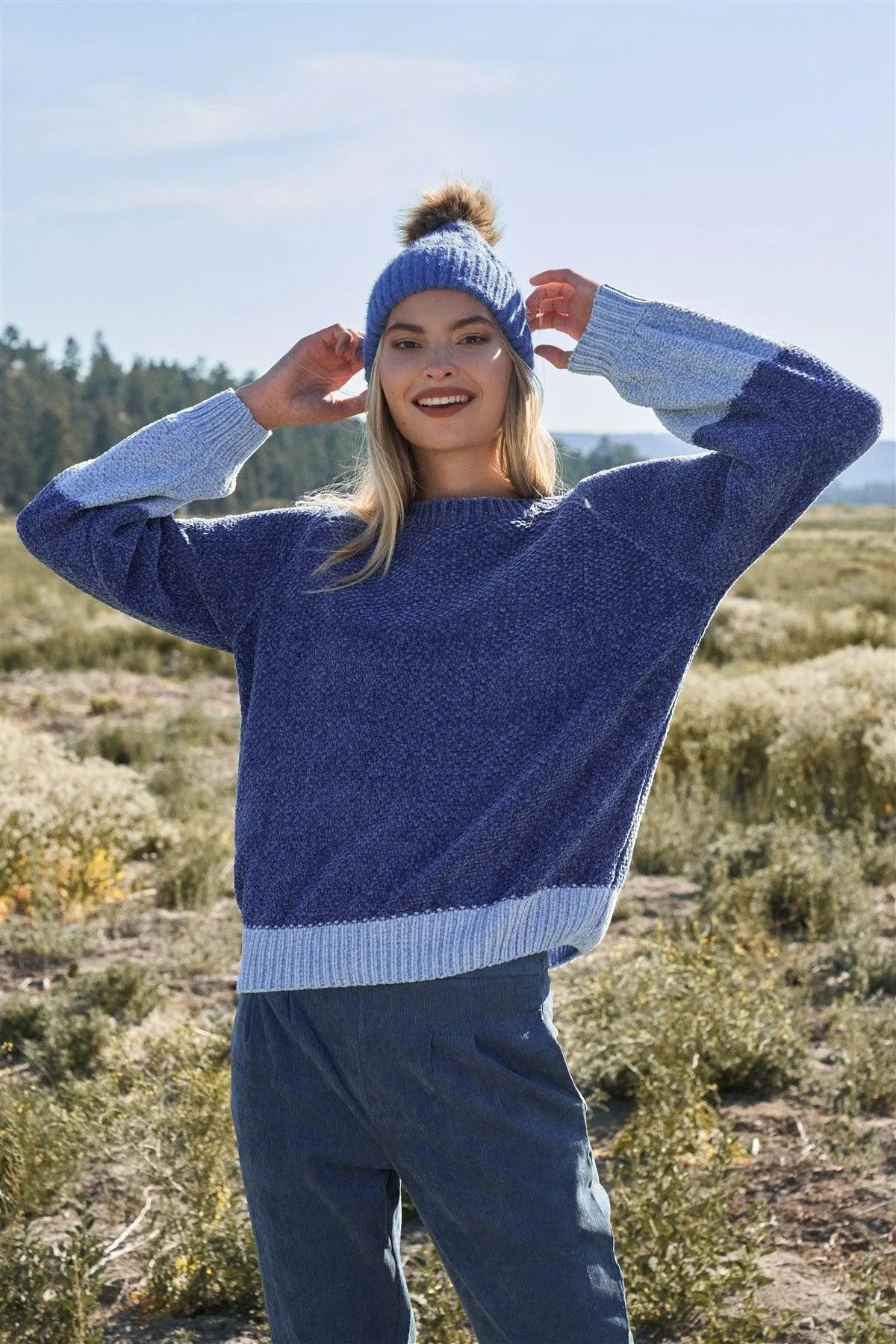 Blue Color Bock Long Balloon Sleeve Relaxed Chenille Sweater /2-2-2 - Tasha Apparel Wholesale