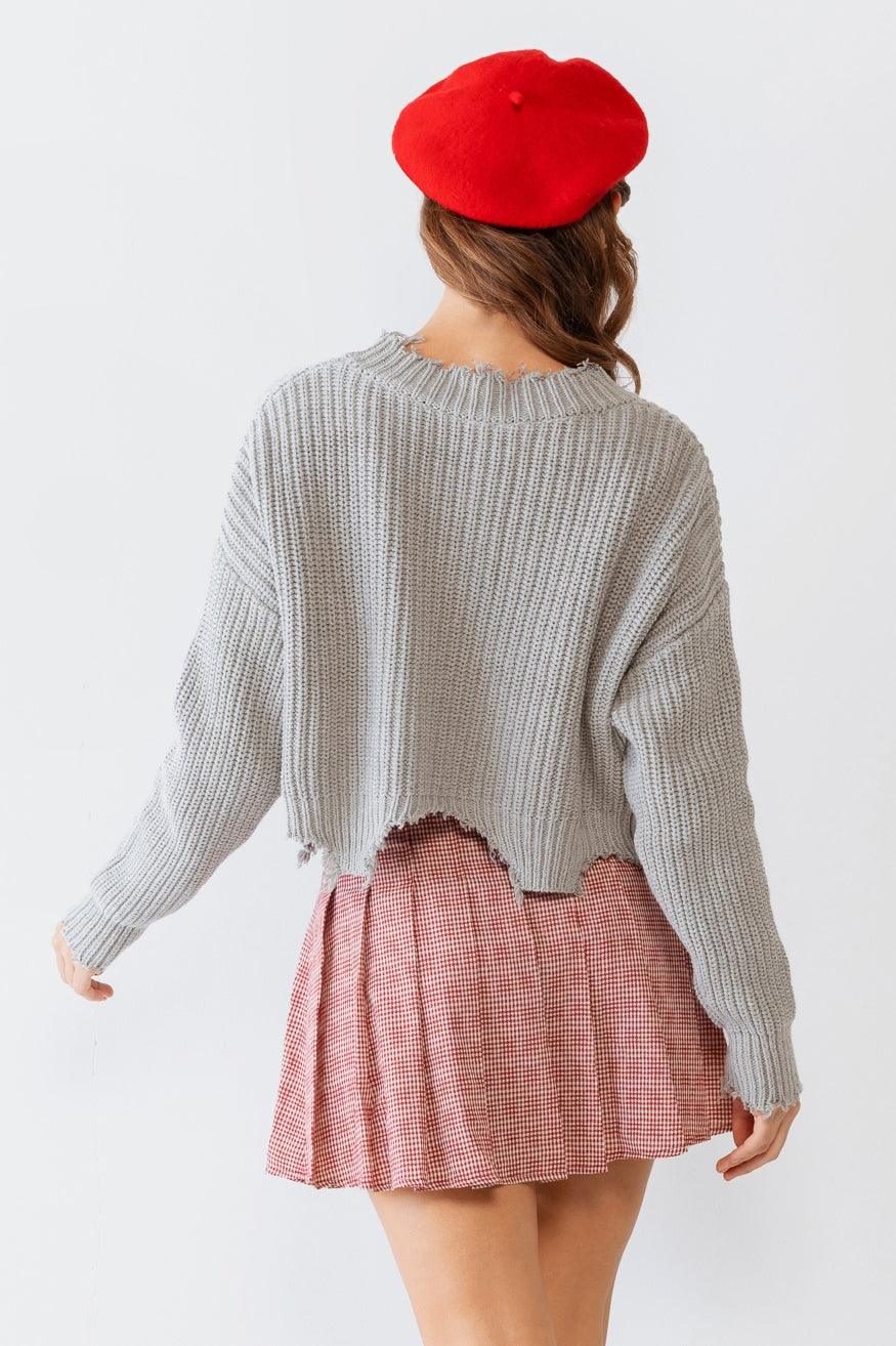 Grey Knit Torn Edge Long Sleeve Crop Sweater /2-2-1