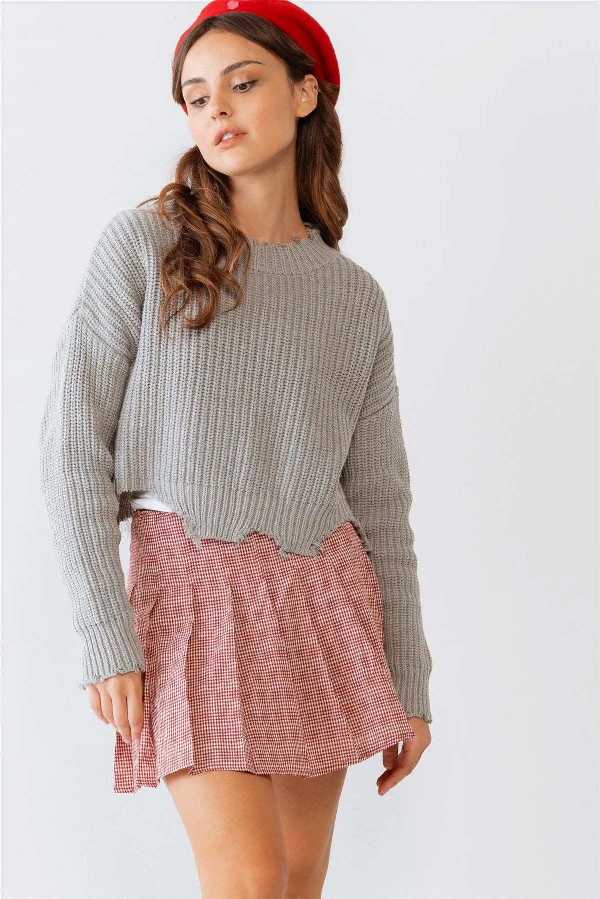 Grey Torn Edge Long Sleeve Crop Knit Top /3-2-1 - Tasha Apparel Wholesale