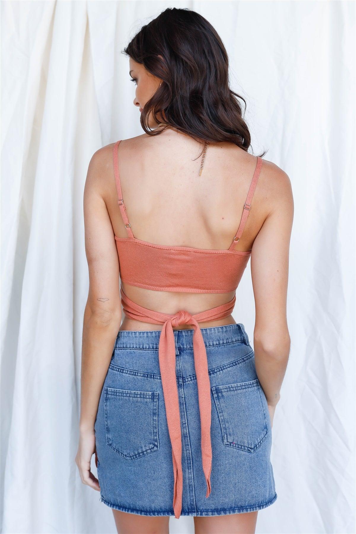Light Rust Knit Bow Detail Cut-Out Back Tie Sleeveless Top /3-2-1