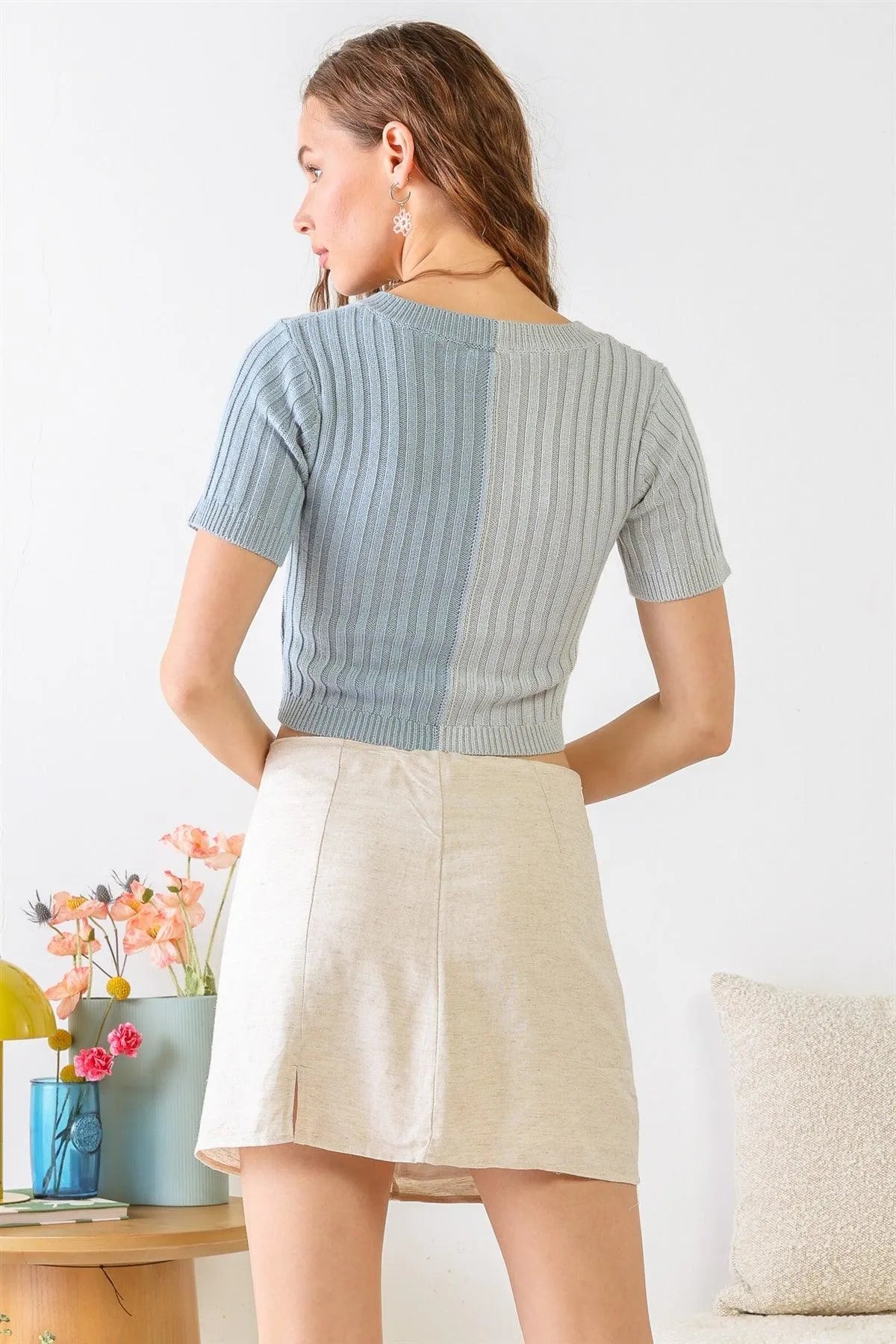 Baby Blue Multi Colorblocked Ribbed Knit Short Sleeve Crop Top /2-2-1 - Tasha Apparel Wholesale