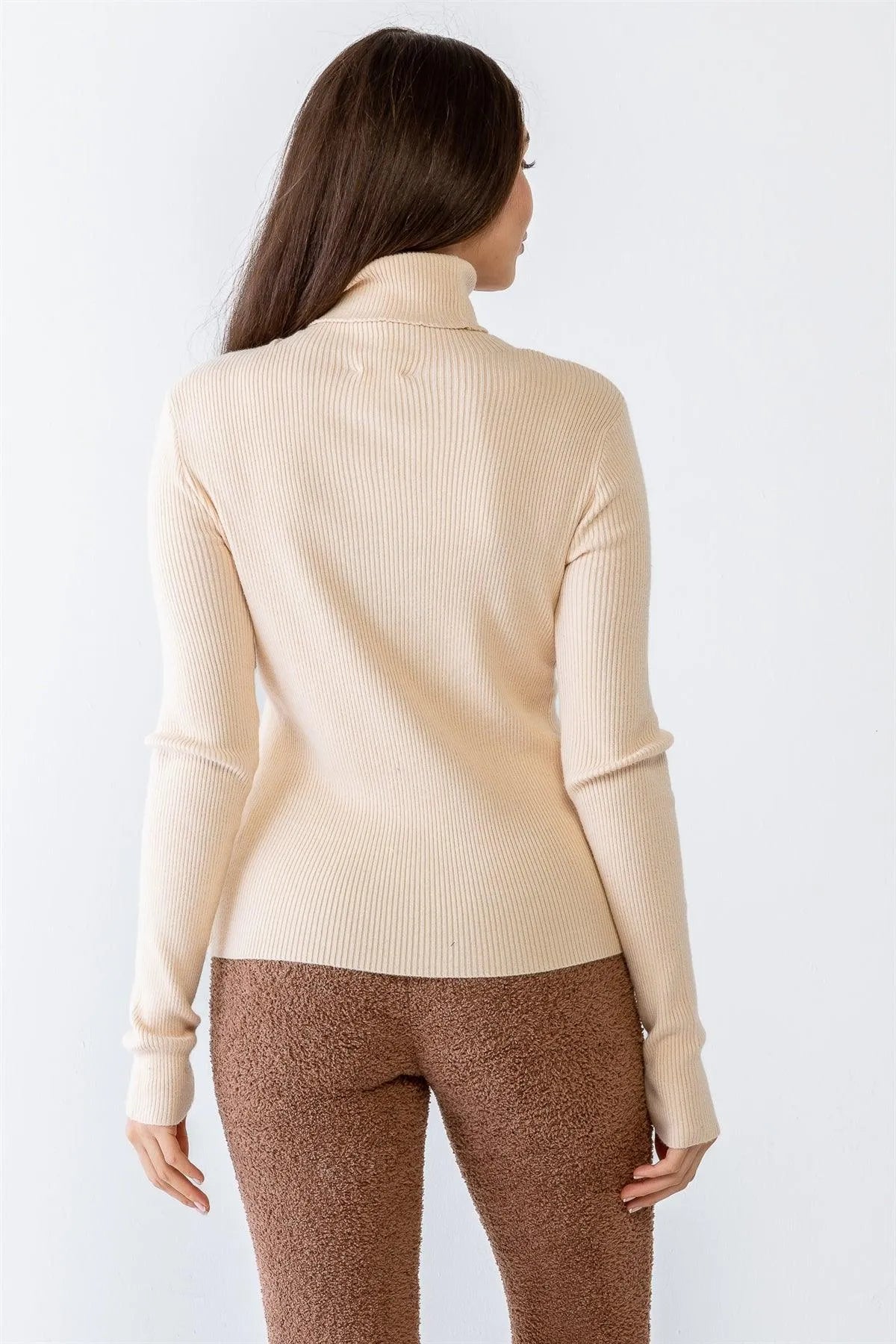 Cream Ribbed Viscose Blend Turtle Neck Long Sleeve Front Slit Top /3-2-1 - Tasha Apparel Wholesale
