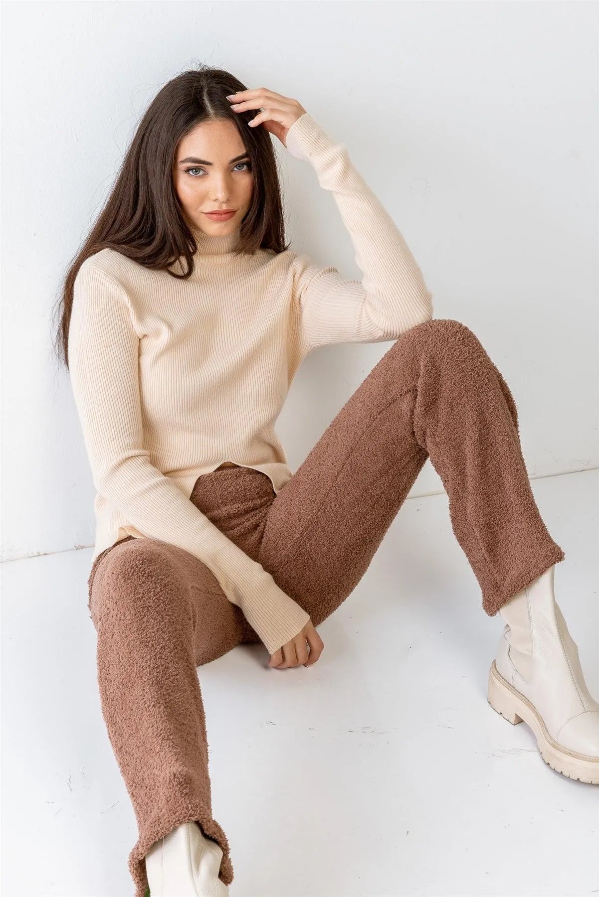 Cream Ribbed Viscose Blend Turtle Neck Long Sleeve Front Slit Top /3-2-1 - Tasha Apparel Wholesale