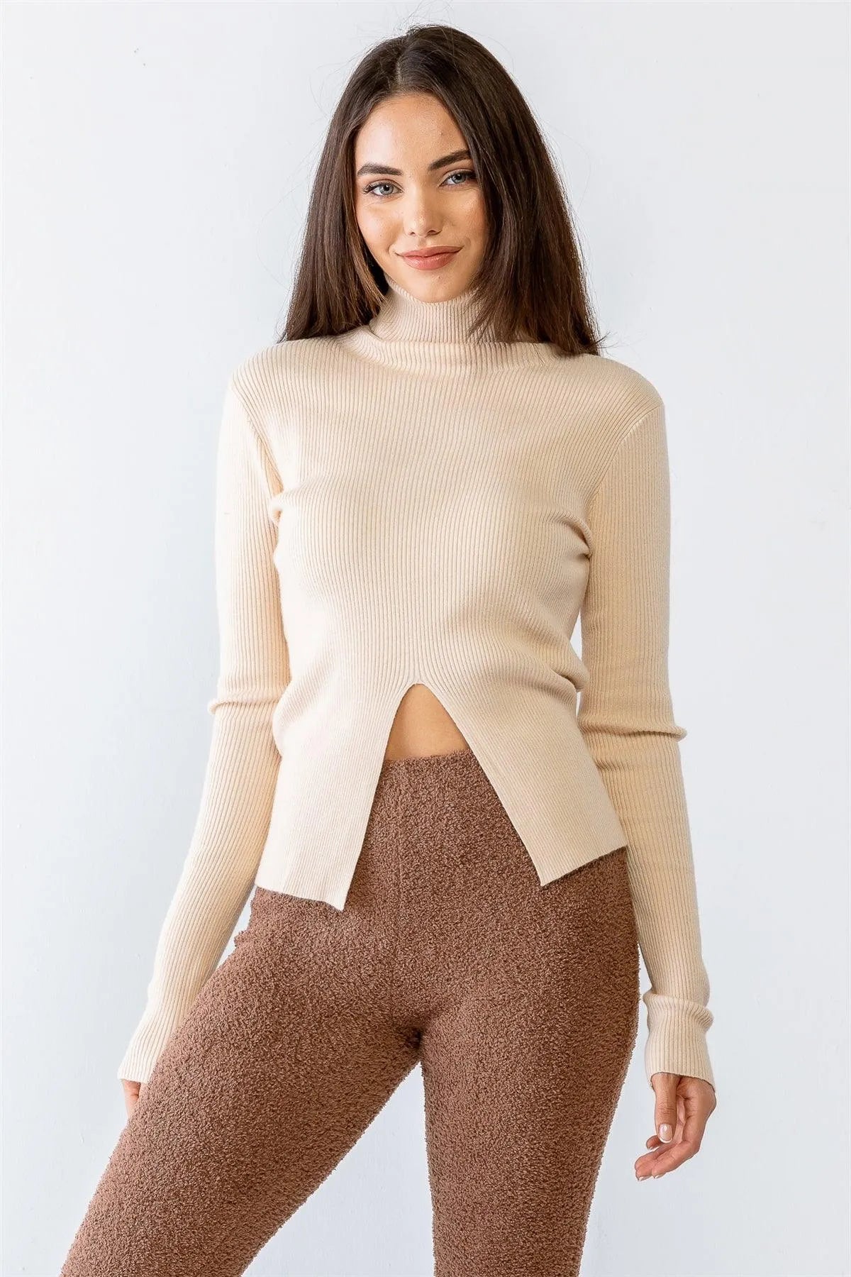 Cream Ribbed Viscose Blend Turtle Neck Long Sleeve Front Slit Top /3-2-1 - Tasha Apparel Wholesale