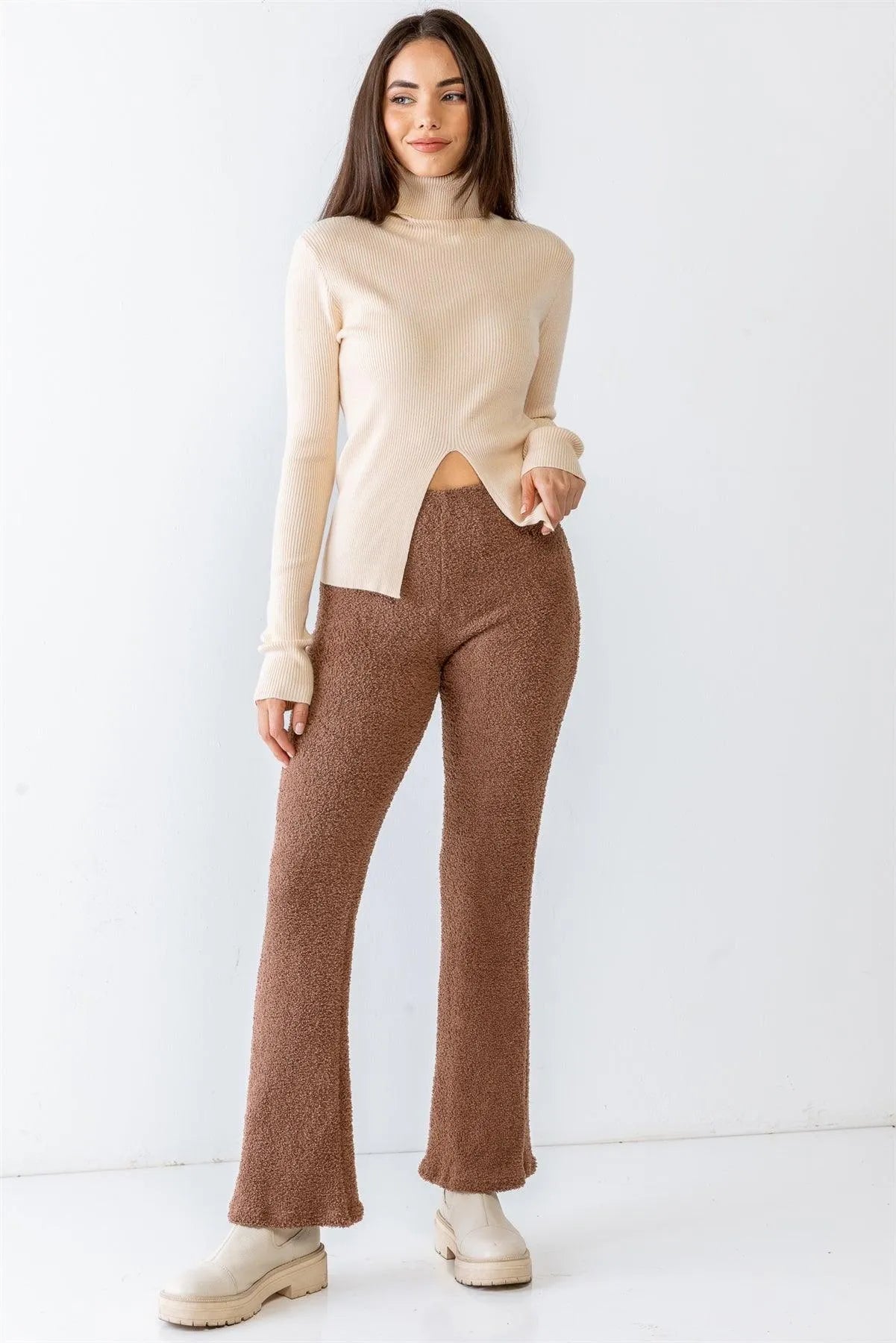 Cream Ribbed Viscose Blend Turtle Neck Long Sleeve Front Slit Top /3-2-1 - Tasha Apparel Wholesale