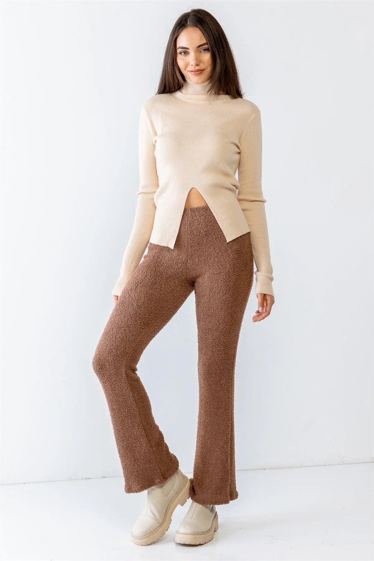 Cream Ribbed Viscose Blend Turtle Neck Long Sleeve Front Slit Top /3-2-1 - Tasha Apparel Wholesale