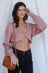 Dusty Rose Knit Ribbed Twisted Detail Balloon Long Sleeve Crop Top /3-2-1 - Tasha Apparel Wholesale